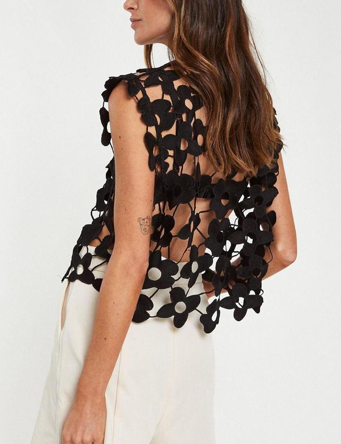 Arssm Women’s Floral Lace Vest Summer Hollow Out Crochet Tank Top Sleeveless Pullover Going Out Tops Crewneck Cover Ups(Black)