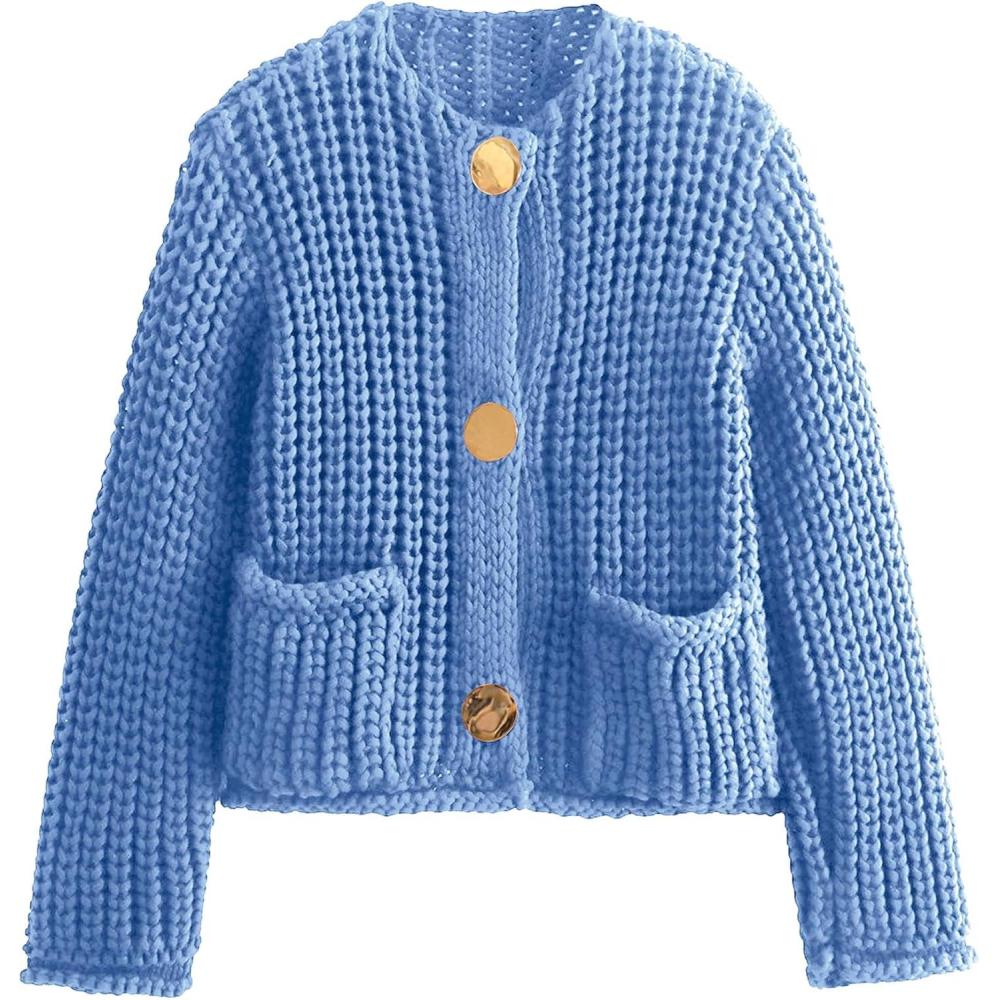 Arssm Womens Cropped Cardigan Sweaters Chunky Open Front Button Down Knit Sweater Long Sleeve Loose Cardigan Outerwear(Blue)