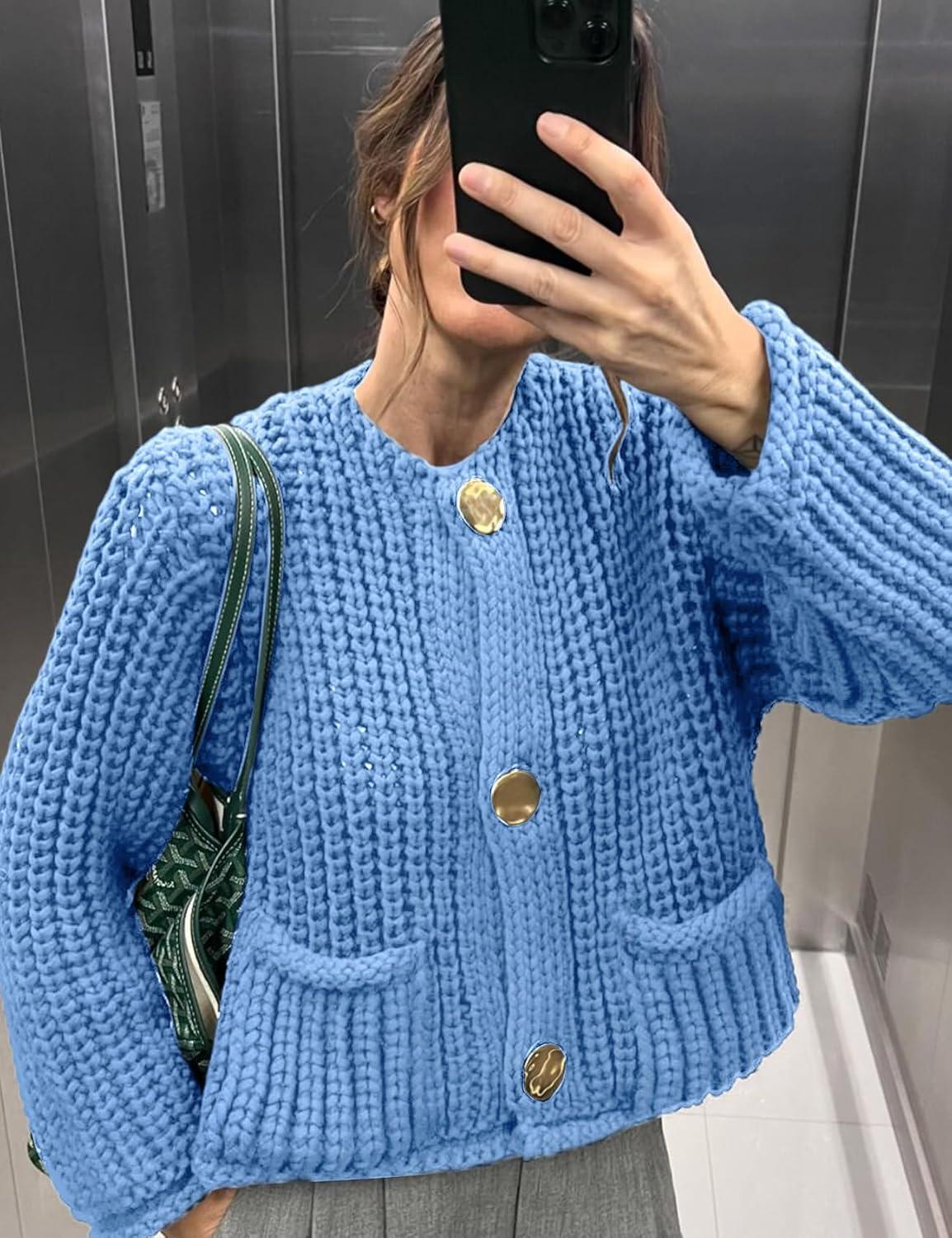 Arssm Womens Cropped Cardigan Sweaters Chunky Open Front Button Down Knit Sweater Long Sleeve Loose Cardigan Outerwear(Blue)