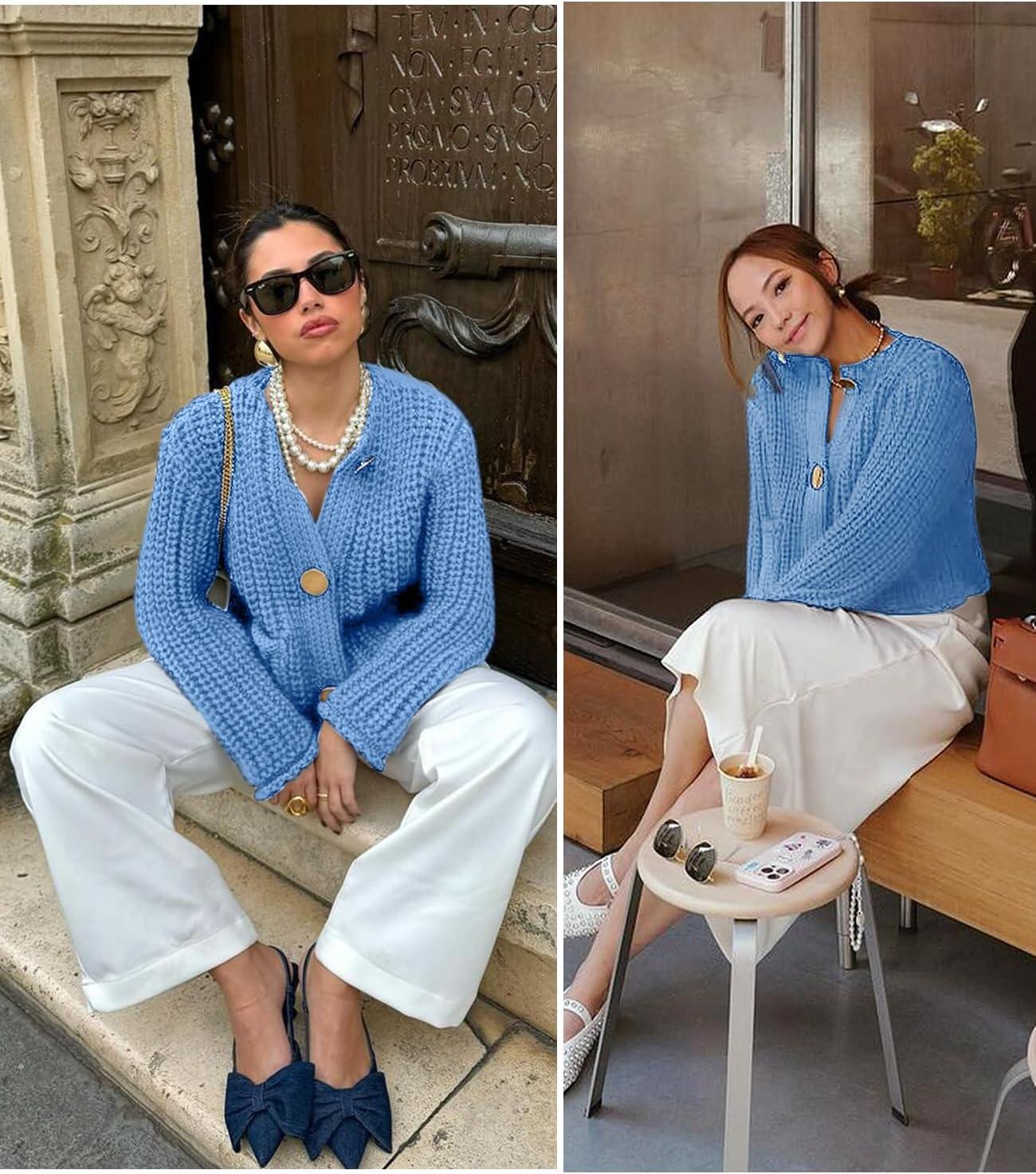 Arssm Womens Cropped Cardigan Sweaters Chunky Open Front Button Down Knit Sweater Long Sleeve Loose Cardigan Outerwear(Blue)