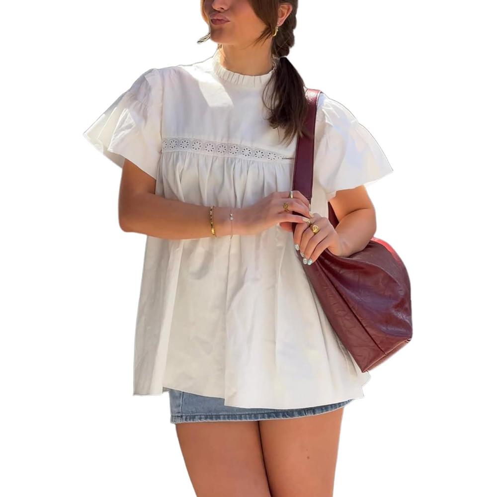 Arssm Peplum Tops for Women Short Sleeve Babydoll Shirt Mock Neck Blouse Pleated Tunic Shirts(White)