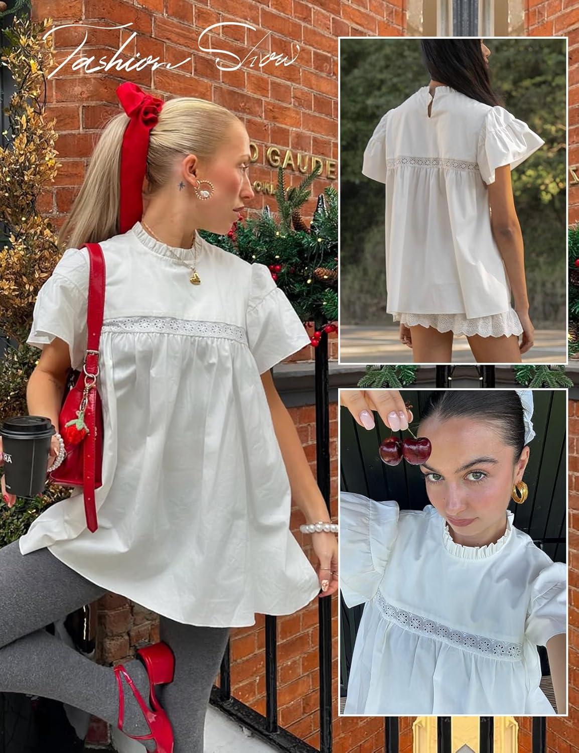 Arssm Peplum Tops for Women Short Sleeve Babydoll Shirt Mock Neck Blouse Pleated Tunic Shirts(White)