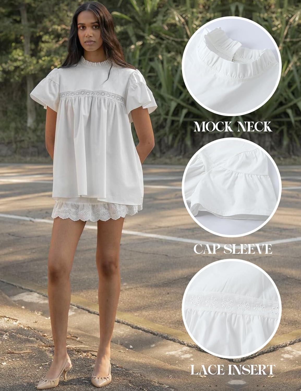 Arssm Peplum Tops for Women Short Sleeve Babydoll Shirt Mock Neck Blouse Pleated Tunic Shirts(White)