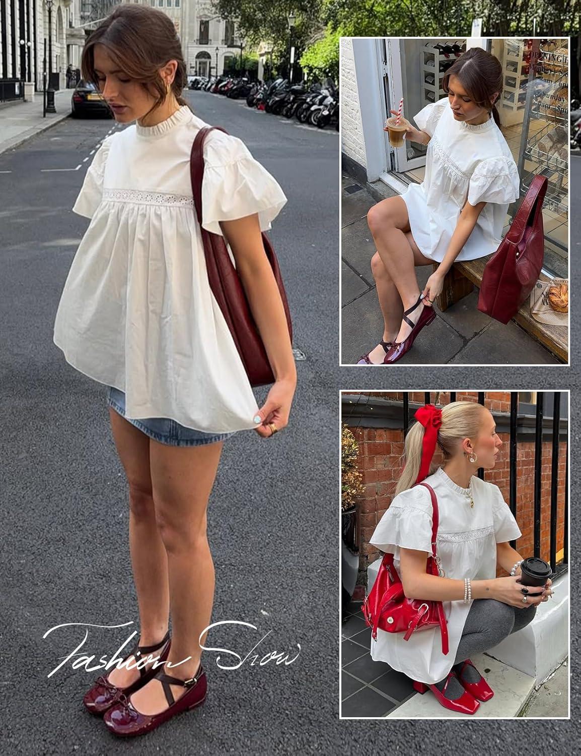 Arssm Peplum Tops for Women Short Sleeve Babydoll Shirt Mock Neck Blouse Pleated Tunic Shirts(White)