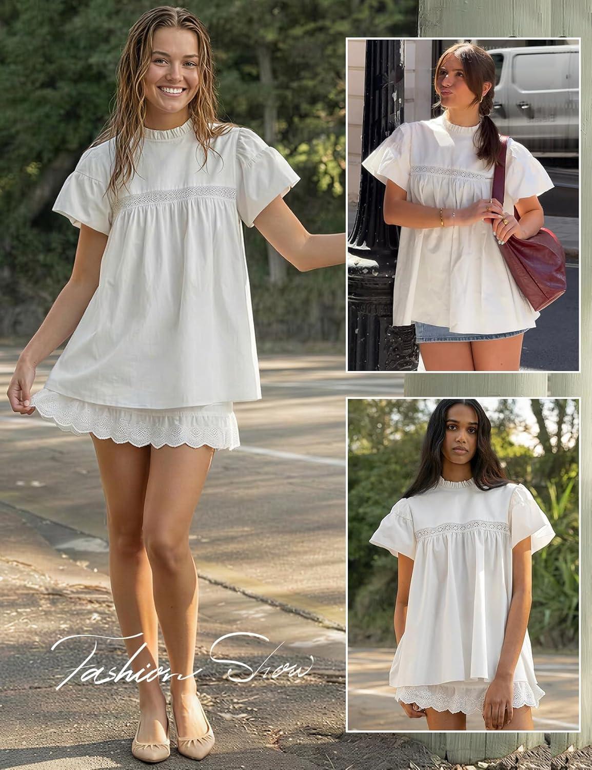 Arssm Peplum Tops for Women Short Sleeve Babydoll Shirt Mock Neck Blouse Pleated Tunic Shirts(White)