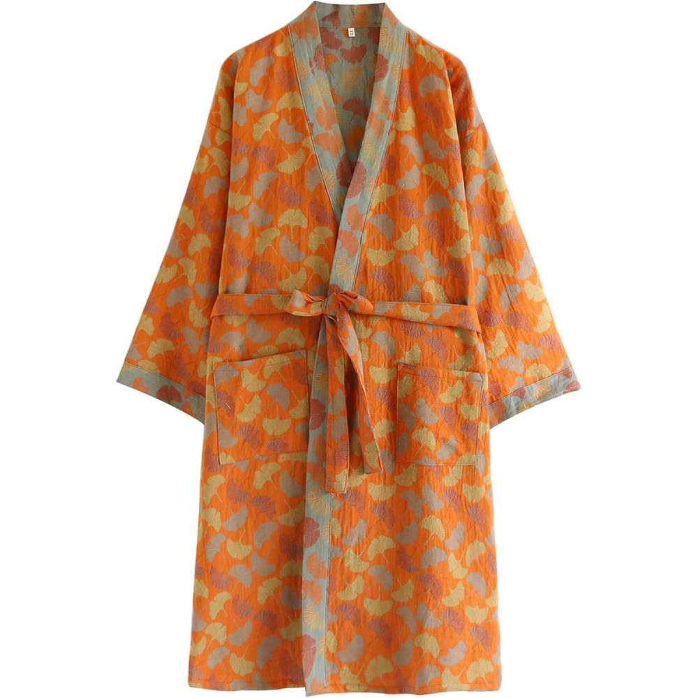 Arssm Women Cotton Gauze Robes Jacquard Japanese Yukata Muslin Kimono Robe Bathrobe Loungewear Sleepwear(Orangeleaves)
