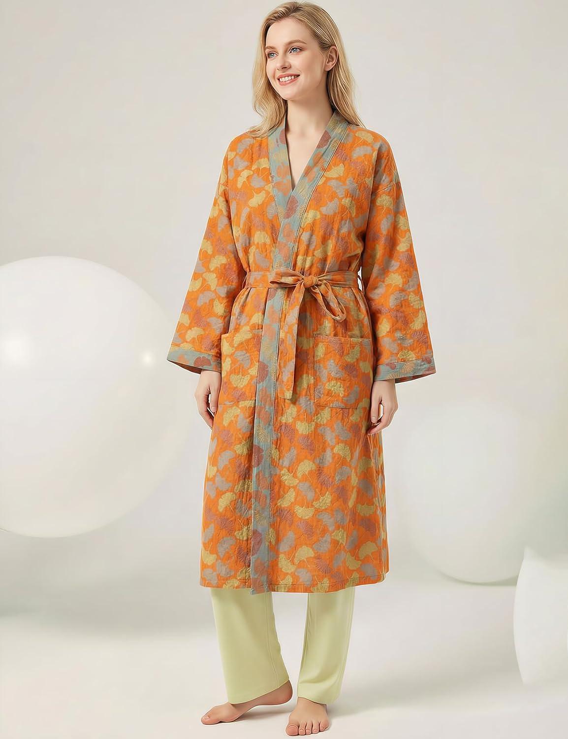 Arssm Women Cotton Gauze Robes Jacquard Japanese Yukata Muslin Kimono Robe Bathrobe Loungewear Sleepwear(Orangeleaves)