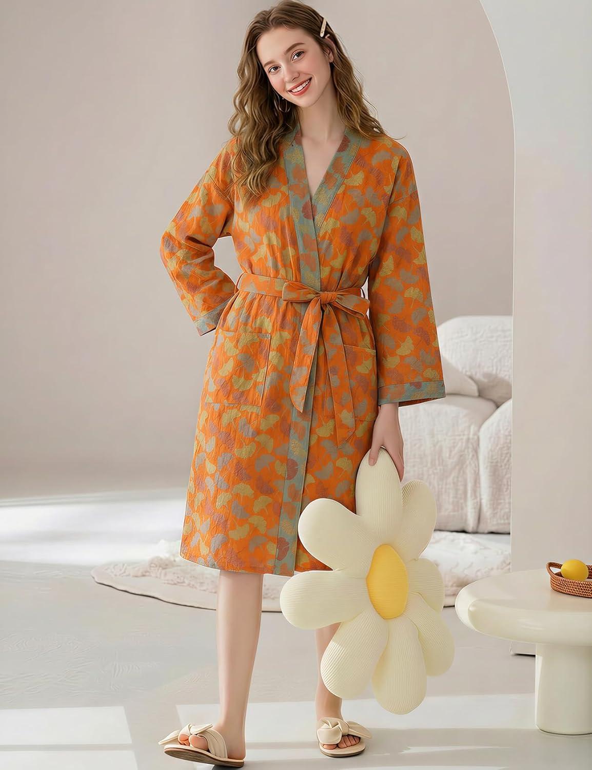 Arssm Women Cotton Gauze Robes Jacquard Japanese Yukata Muslin Kimono Robe Bathrobe Loungewear Sleepwear(Orangeleaves)