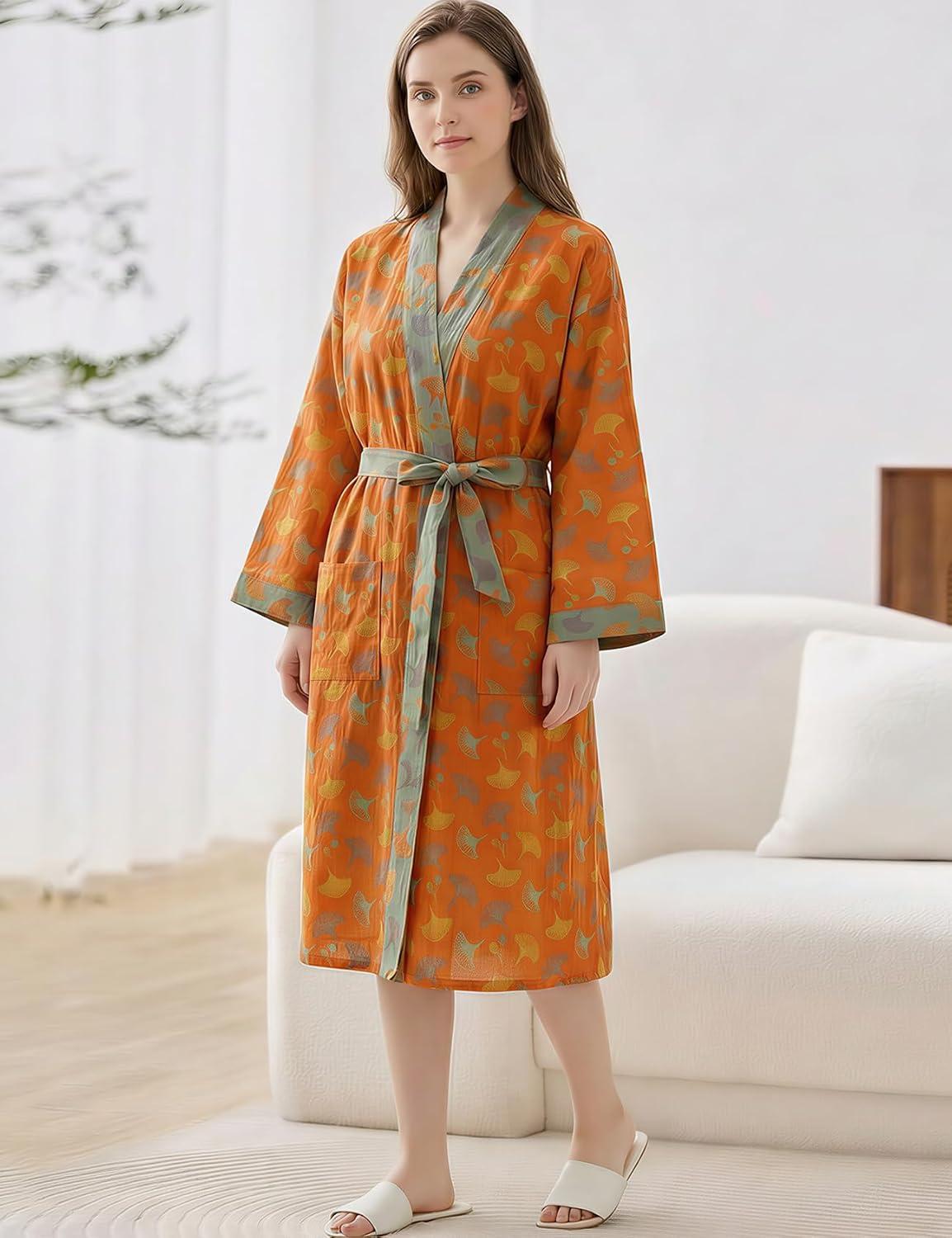 Arssm Women Cotton Gauze Robes Jacquard Japanese Yukata Muslin Kimono Robe Bathrobe Loungewear Sleepwear(Orangeleaves)