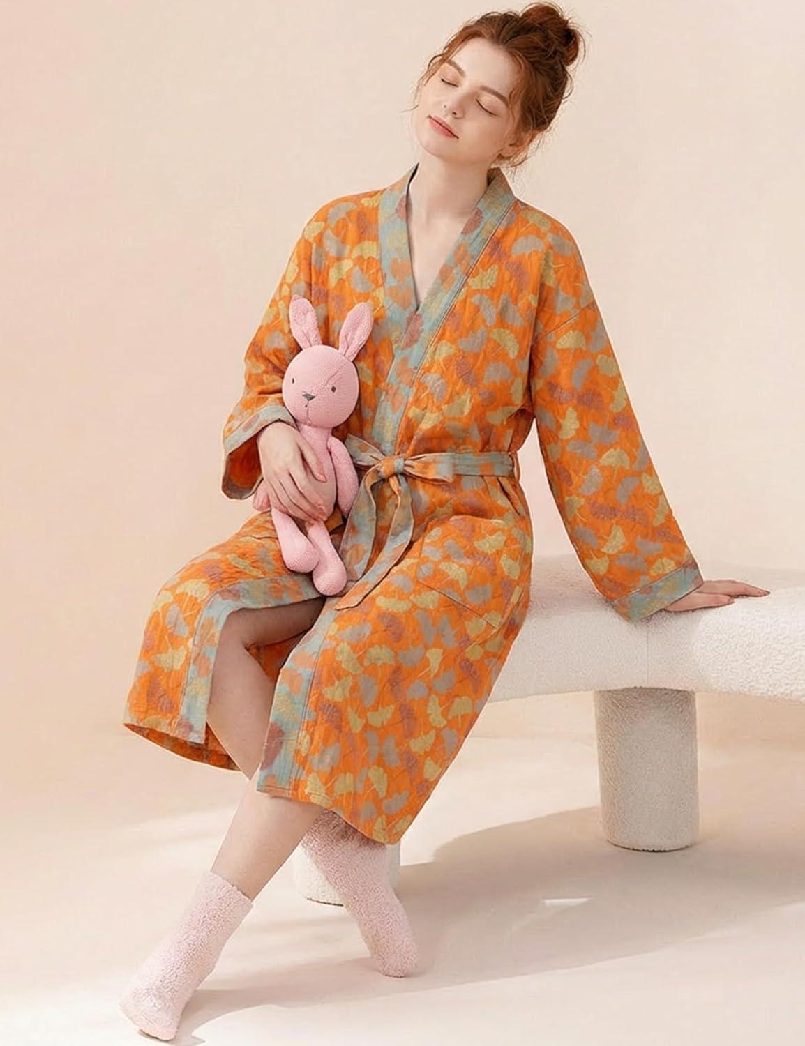 Arssm Women Cotton Gauze Robes Jacquard Japanese Yukata Muslin Kimono Robe Bathrobe Loungewear Sleepwear(Orangeleaves)