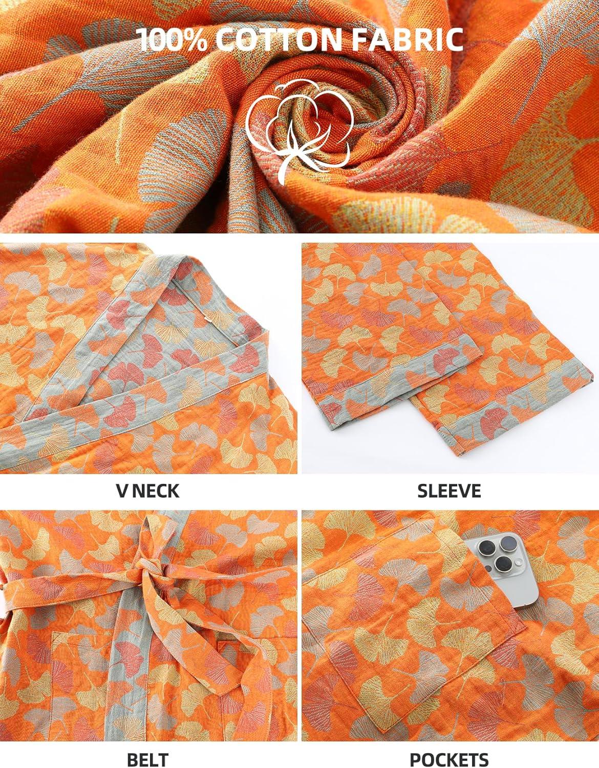 Arssm Women Cotton Gauze Robes Jacquard Japanese Yukata Muslin Kimono Robe Bathrobe Loungewear Sleepwear(Orangeleaves)