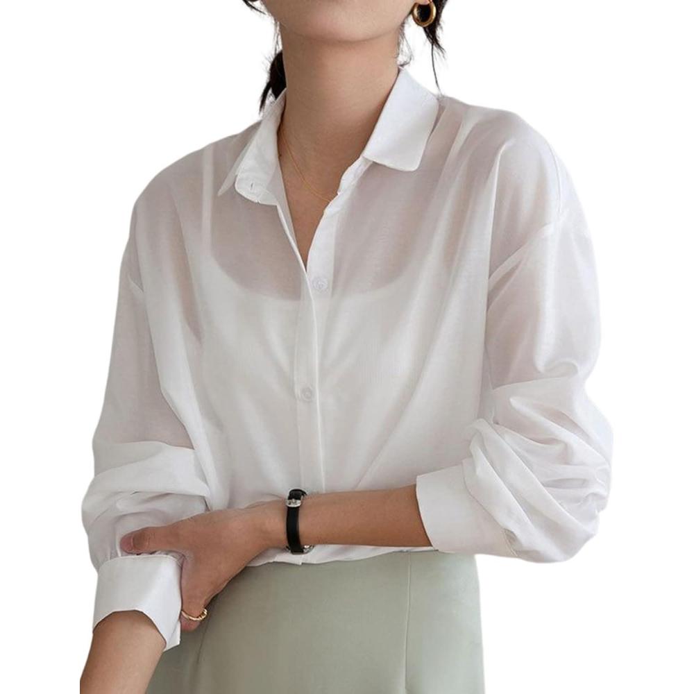 Arssm Sheer Tops for Women Sheer Button Up Blouse Long Sleeve Sexy See Through Tops Mesh Shirts(White)