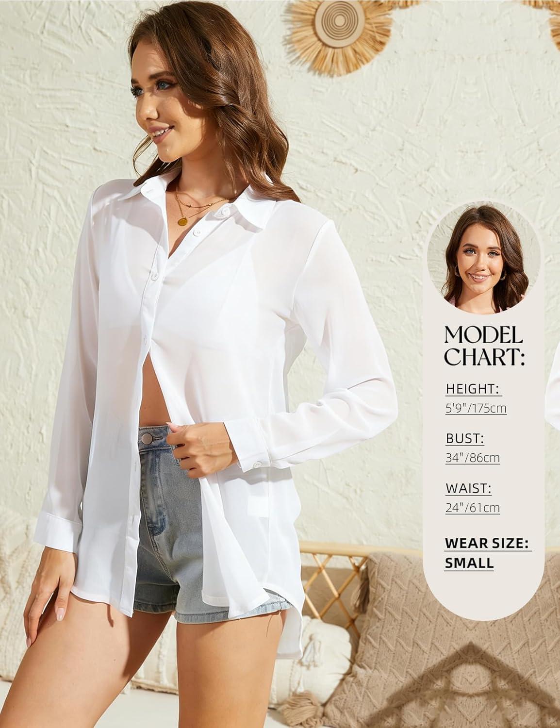 Arssm Sheer Tops for Women Sheer Button Up Blouse Long Sleeve Sexy See Through Tops Mesh Shirts(White)