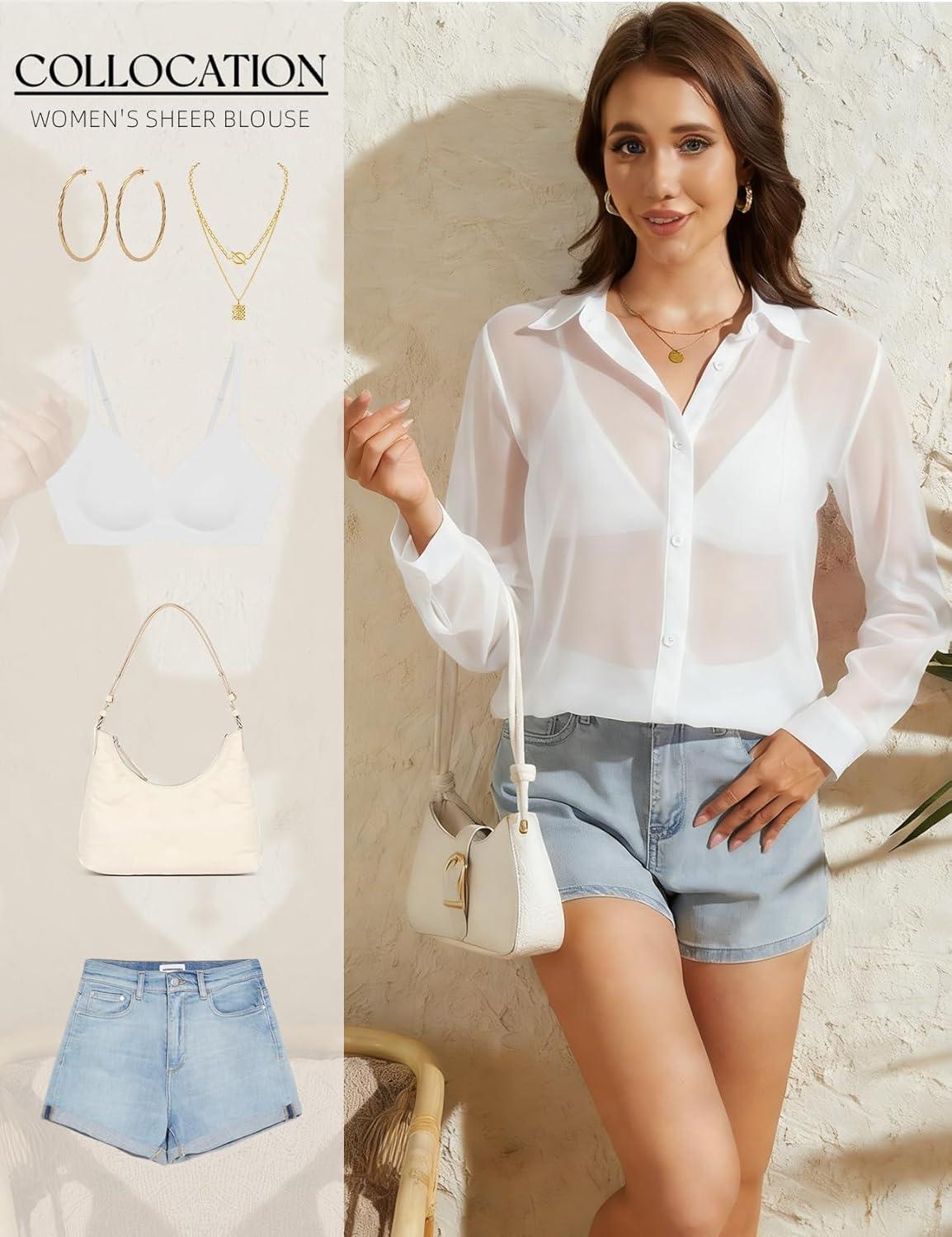 Arssm Sheer Tops for Women Sheer Button Up Blouse Long Sleeve Sexy See Through Tops Mesh Shirts(White)