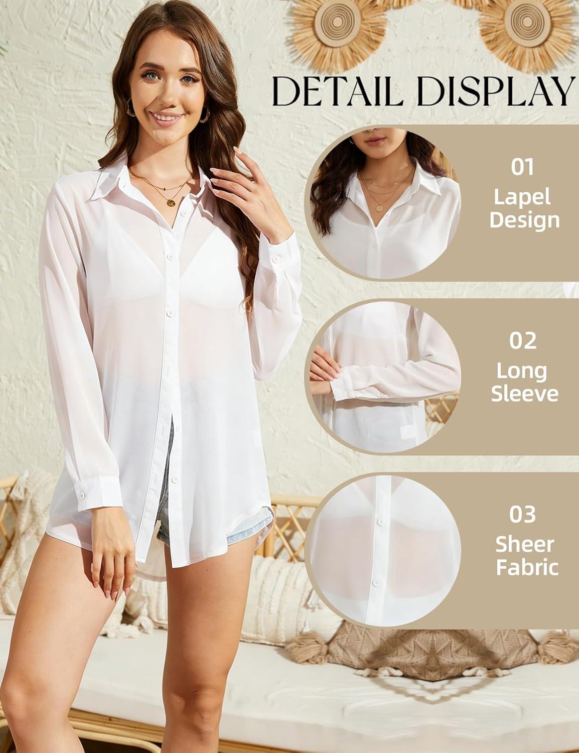 Arssm Sheer Tops for Women Sheer Button Up Blouse Long Sleeve Sexy See Through Tops Mesh Shirts(White)
