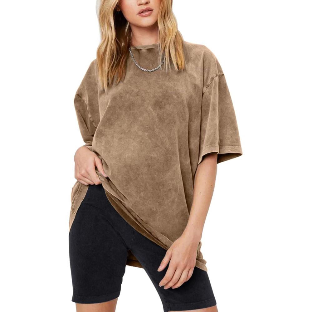 Arssm Women Oversized T Shirts Acid Washed Cotton Tees Vintage Baggy Loose Fit Streetwear Workout Tops(Khaki)