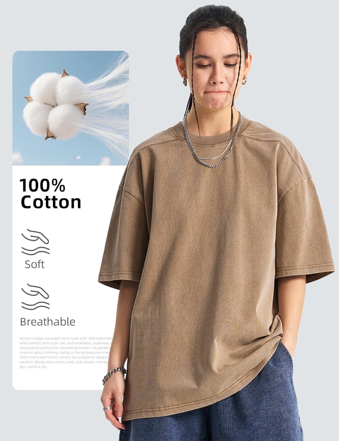 Arssm Women Oversized T Shirts Acid Washed Cotton Tees Vintage Baggy Loose Fit Streetwear Workout Tops(Khaki)
