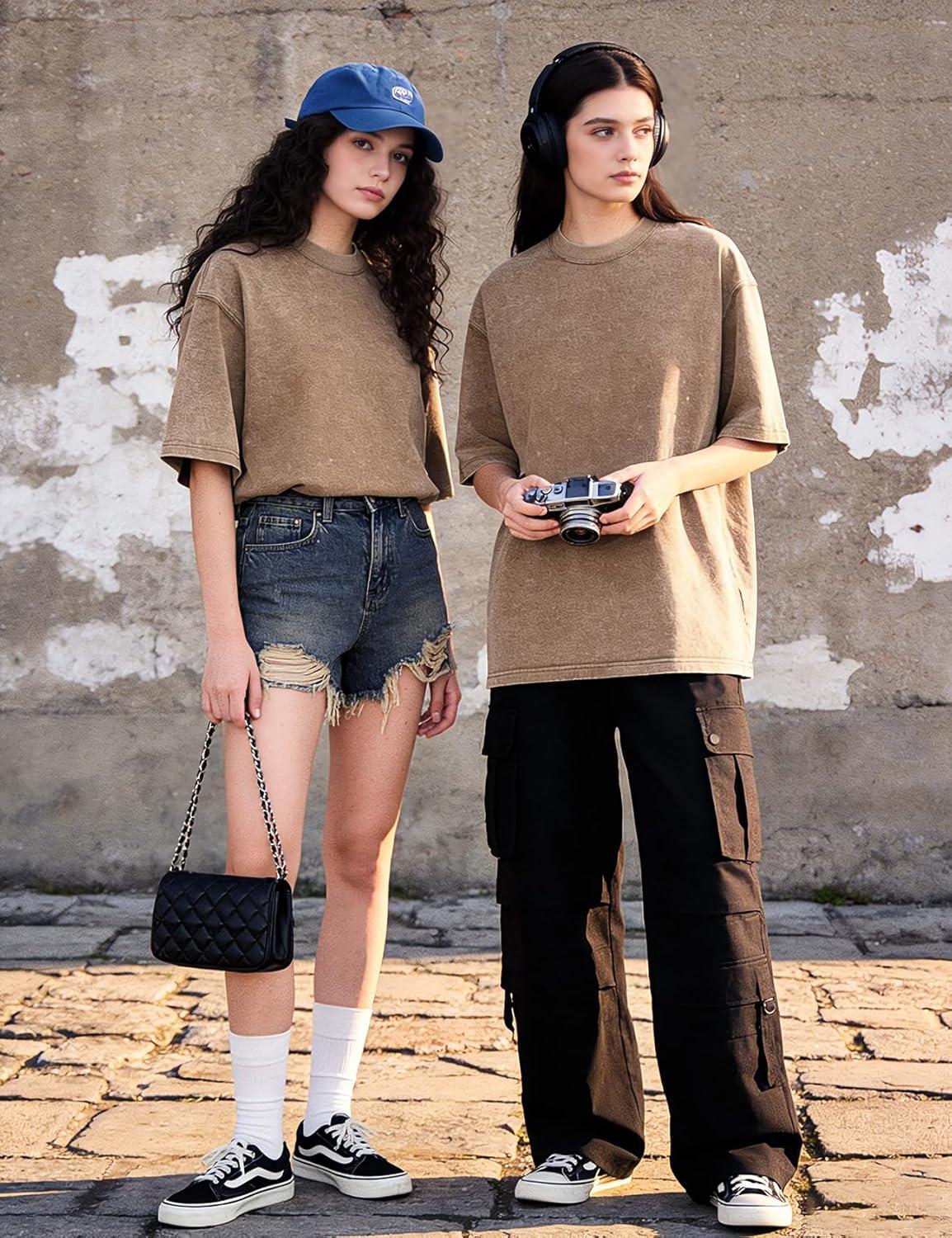 Arssm Women Oversized T Shirts Acid Washed Cotton Tees Vintage Baggy Loose Fit Streetwear Workout Tops(Khaki)