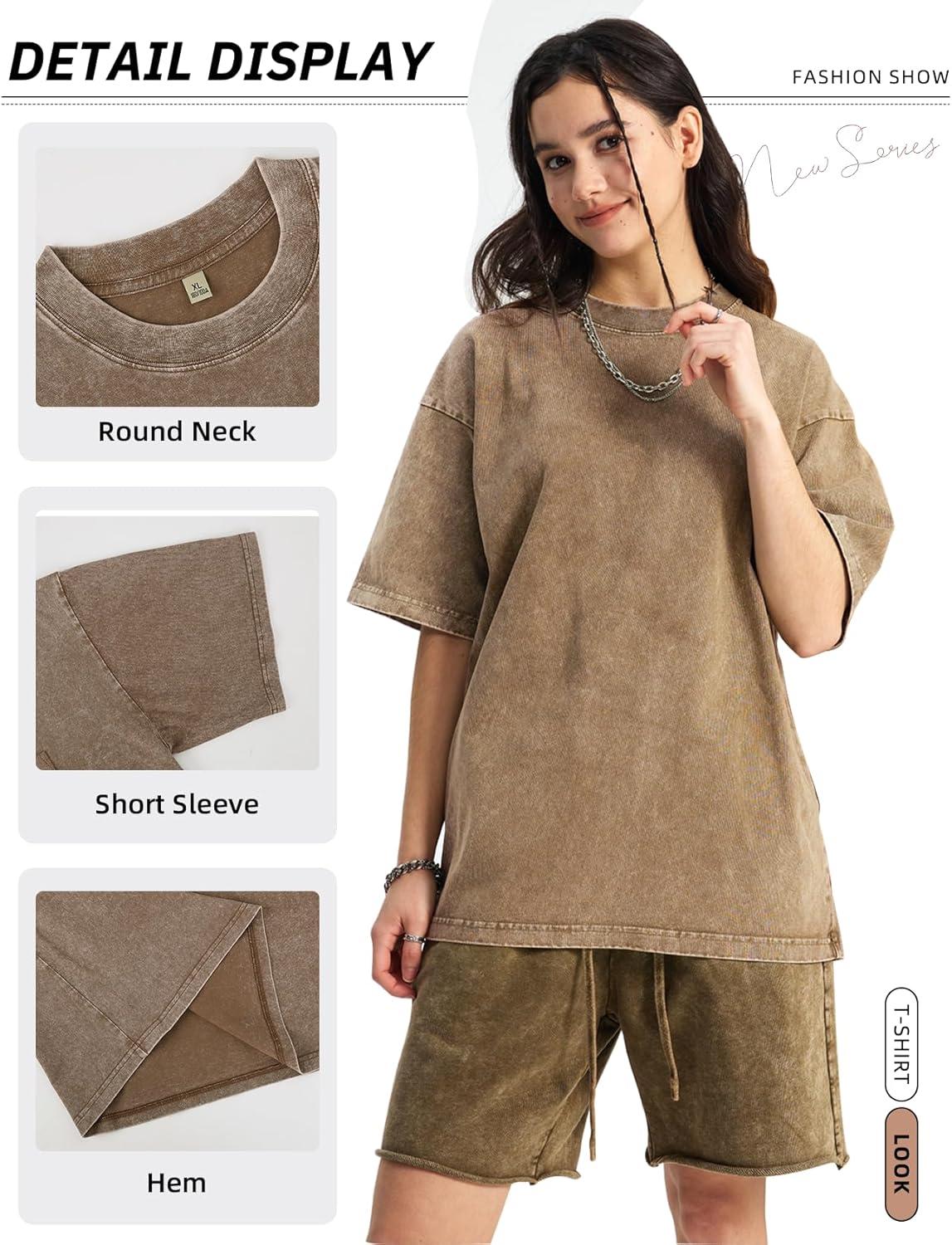 Arssm Women Oversized T Shirts Acid Washed Cotton Tees Vintage Baggy Loose Fit Streetwear Workout Tops(Khaki)