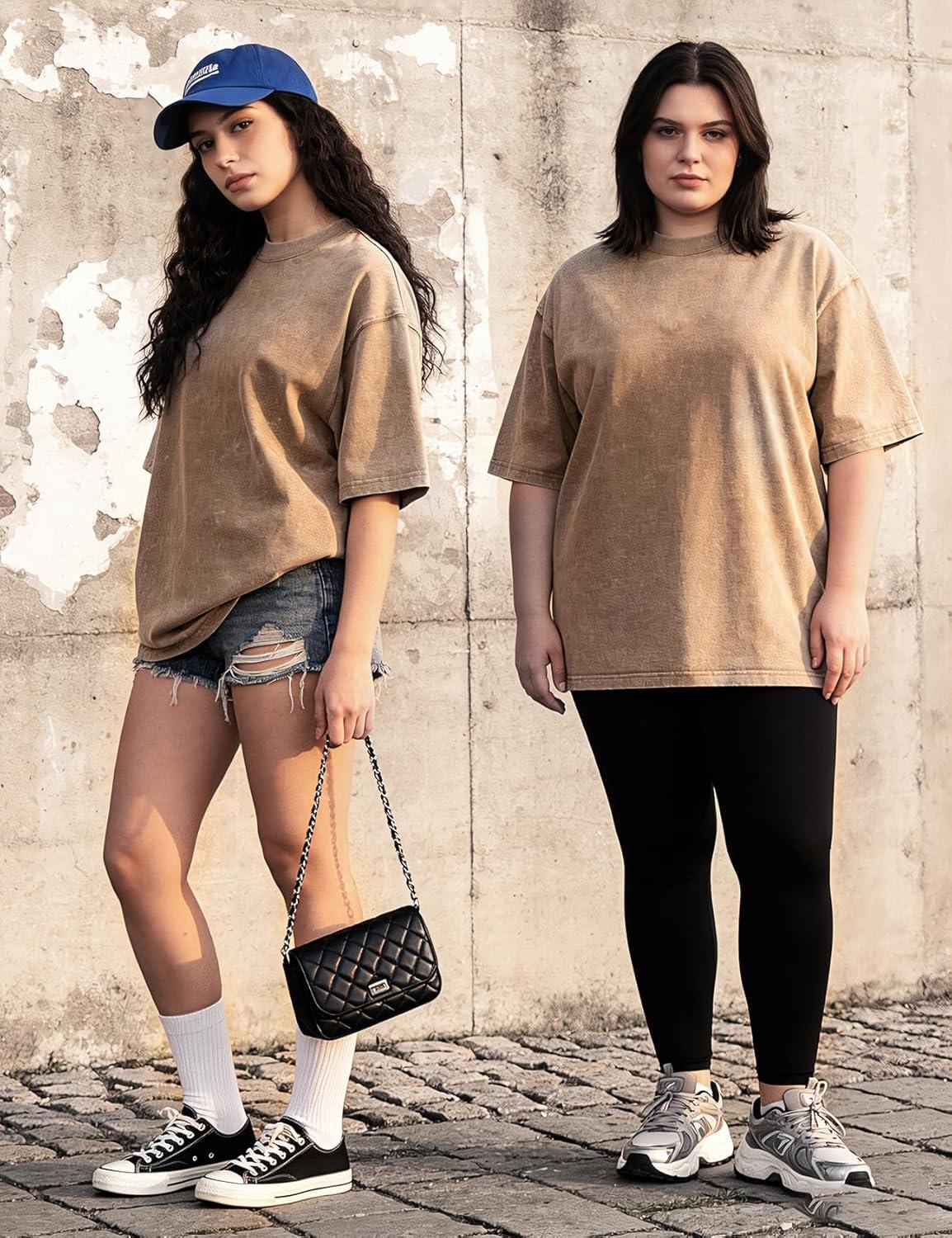 Arssm Women Oversized T Shirts Acid Washed Cotton Tees Vintage Baggy Loose Fit Streetwear Workout Tops(Khaki)