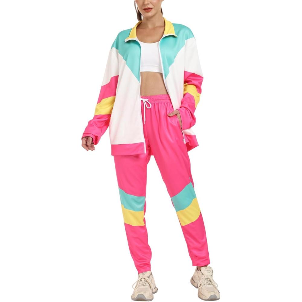 Arssm Retro 80s 90s Outfit Sets for Women Color Block 2 Piece Tracksuit Windbreaker Jacket Set(Pink)