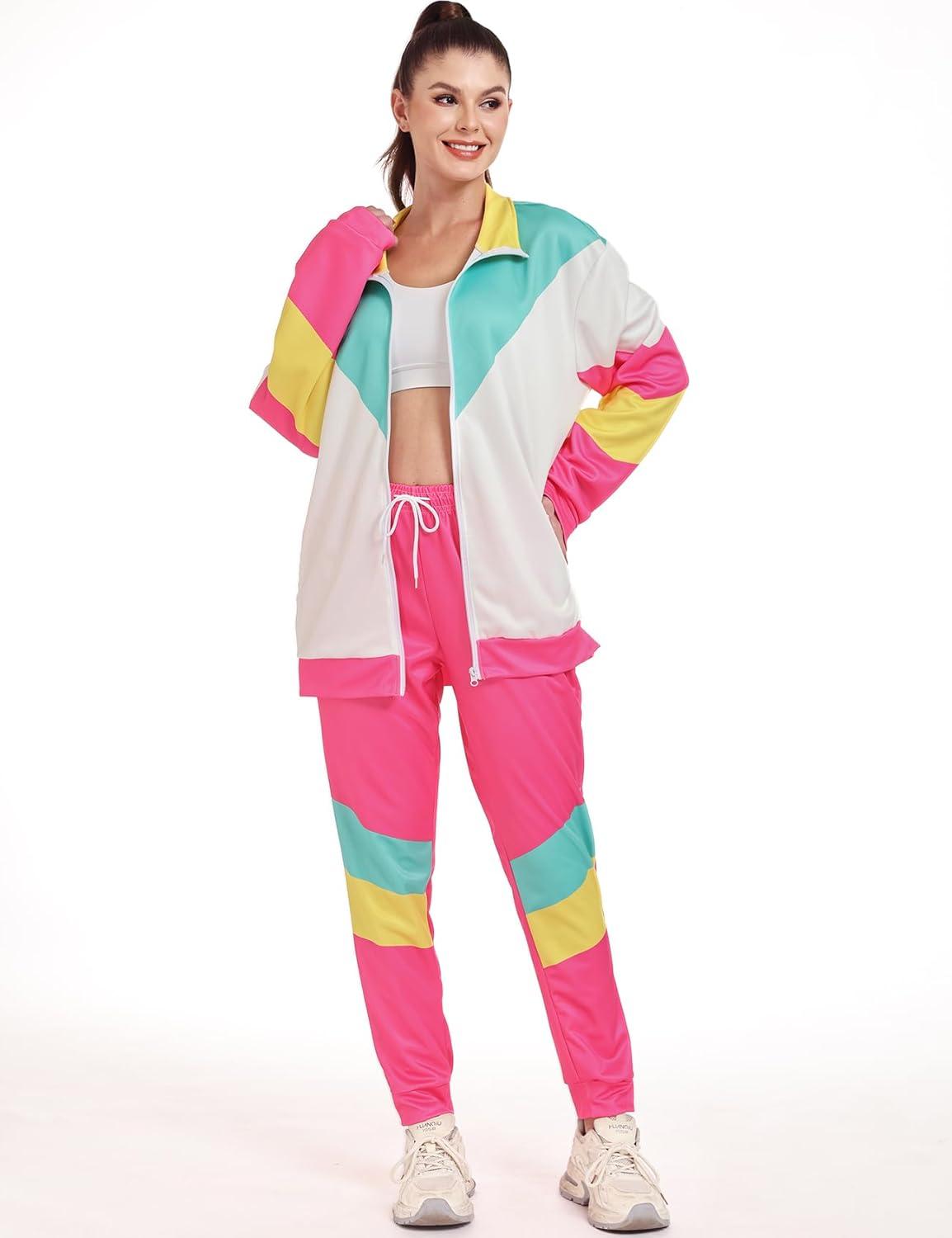 Arssm Retro 80s 90s Outfit Sets for Women Color Block 2 Piece Tracksuit Windbreaker Jacket Set(Pink)