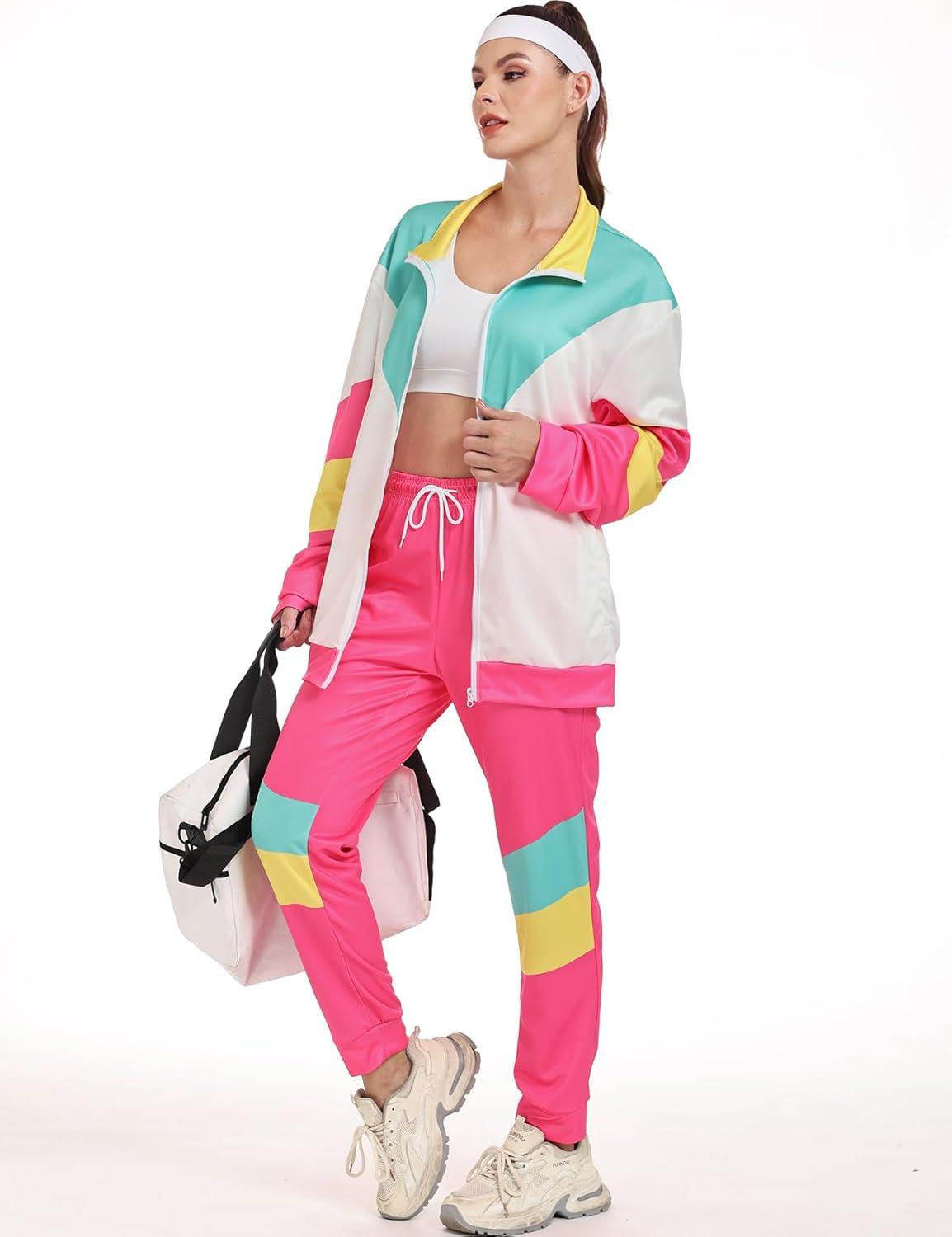 Arssm Retro 80s 90s Outfit Sets for Women Color Block 2 Piece Tracksuit Windbreaker Jacket Set(Pink)