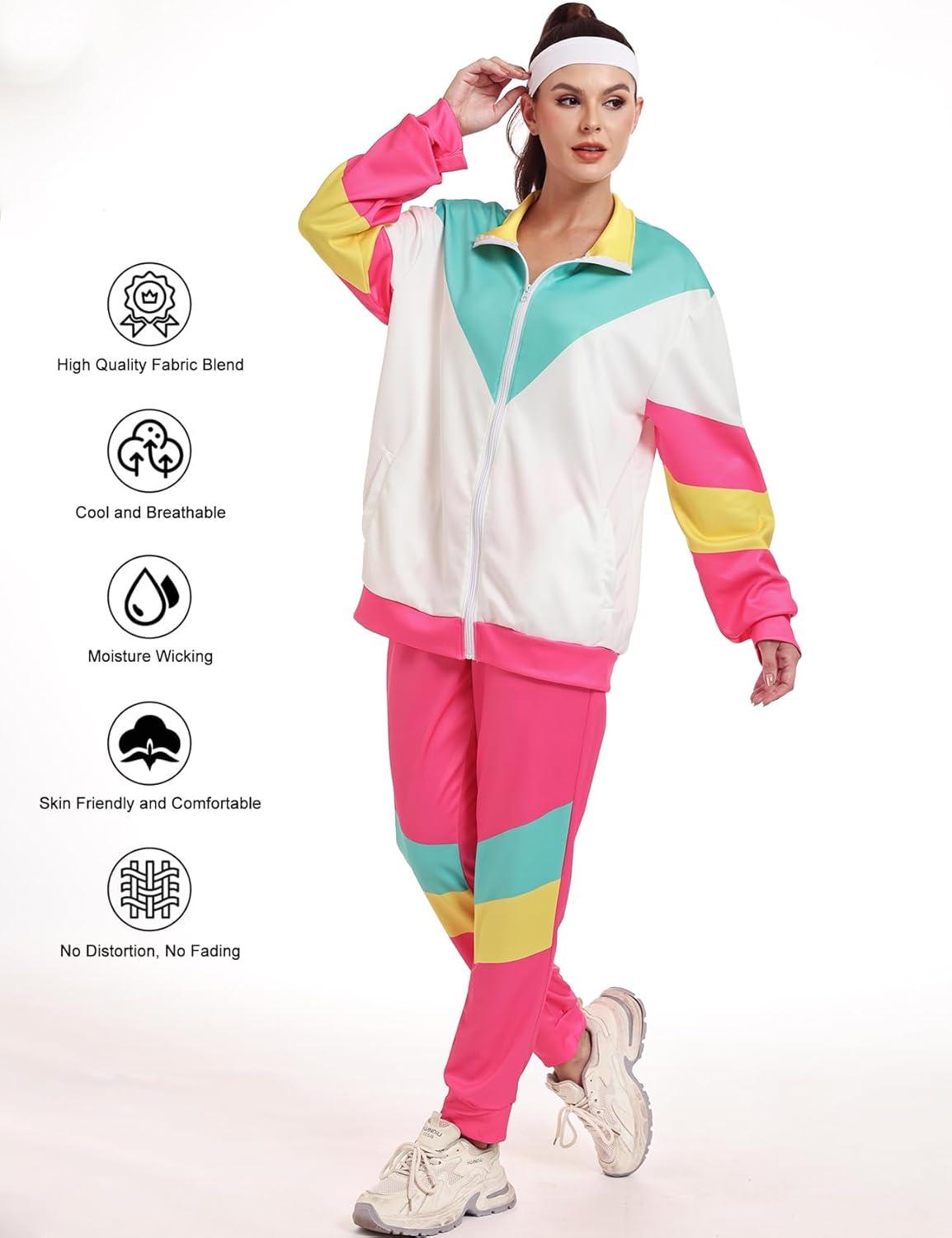 Arssm Retro 80s 90s Outfit Sets for Women Color Block 2 Piece Tracksuit Windbreaker Jacket Set(Pink)