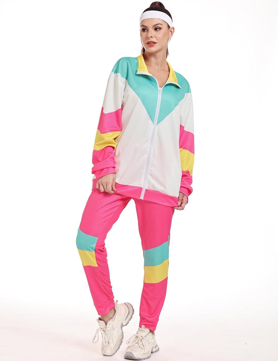 Arssm Retro 80s 90s Outfit Sets for Women Color Block 2 Piece Tracksuit Windbreaker Jacket Set(Pink)