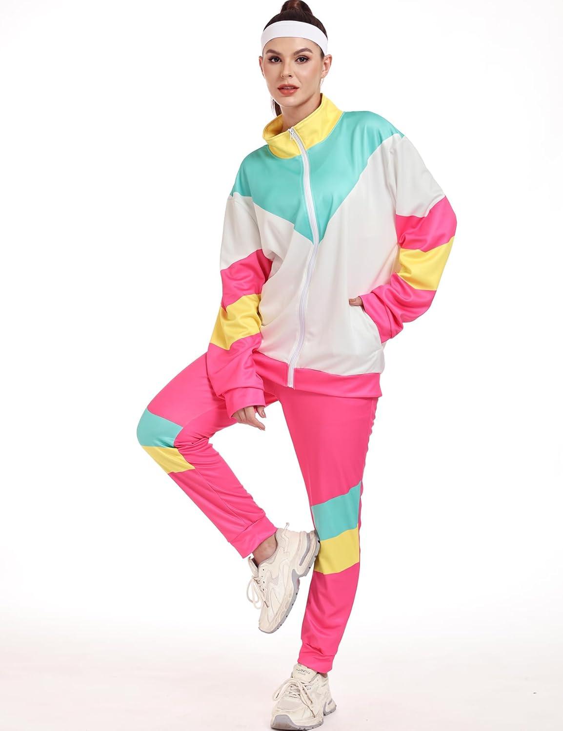 Arssm Retro 80s 90s Outfit Sets for Women Color Block 2 Piece Tracksuit Windbreaker Jacket Set(Pink)