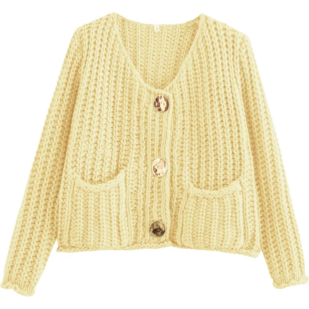 Arssm Womens Cropped Cardigan Sweaters Chunky Open Front Button Down Knit Sweater Long Sleeve Loose Cardigan Outerwear(Yellow)