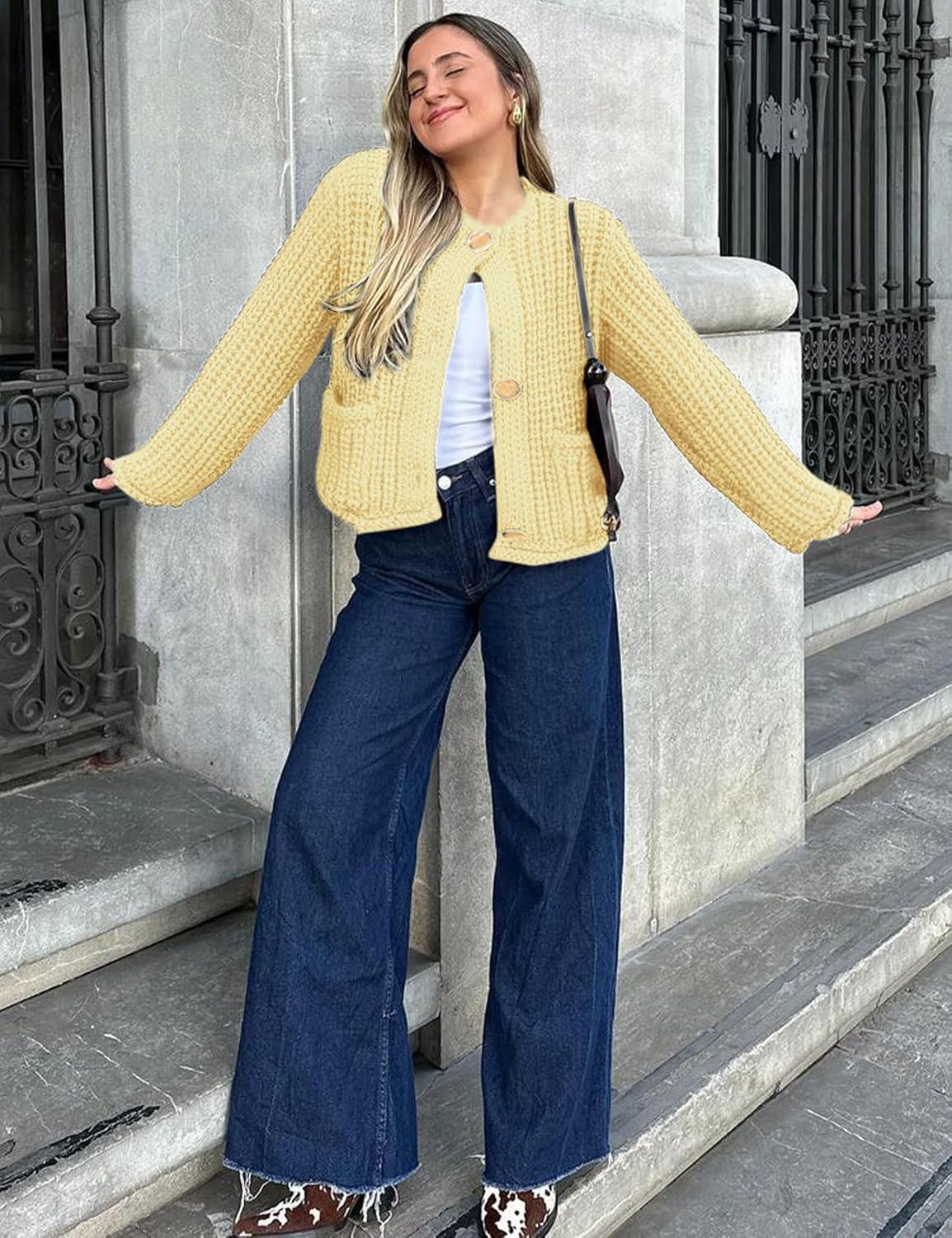 Arssm Womens Cropped Cardigan Sweaters Chunky Open Front Button Down Knit Sweater Long Sleeve Loose Cardigan Outerwear(Yellow)