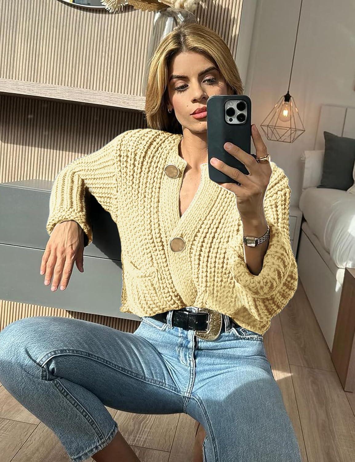 Arssm Womens Cropped Cardigan Sweaters Chunky Open Front Button Down Knit Sweater Long Sleeve Loose Cardigan Outerwear(Yellow)