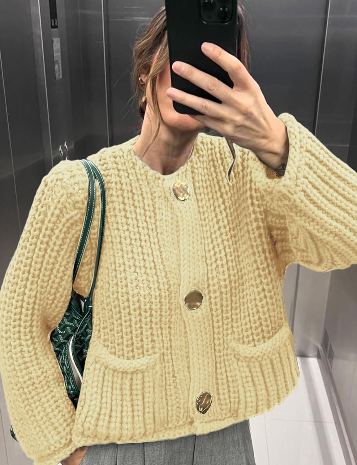 Arssm Womens Cropped Cardigan Sweaters Chunky Open Front Button Down Knit Sweater Long Sleeve Loose Cardigan Outerwear(Yellow)