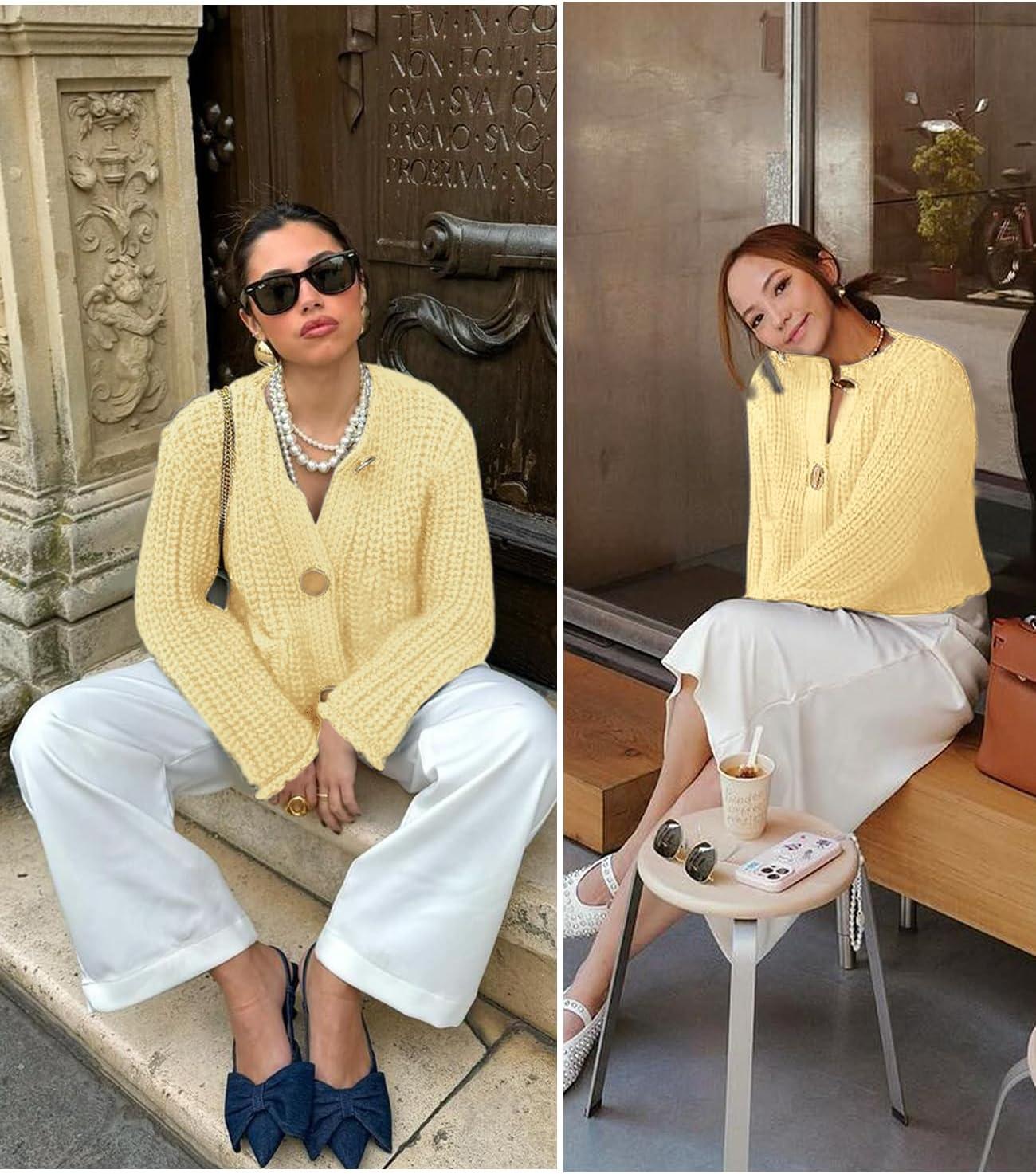 Arssm Womens Cropped Cardigan Sweaters Chunky Open Front Button Down Knit Sweater Long Sleeve Loose Cardigan Outerwear(Yellow)