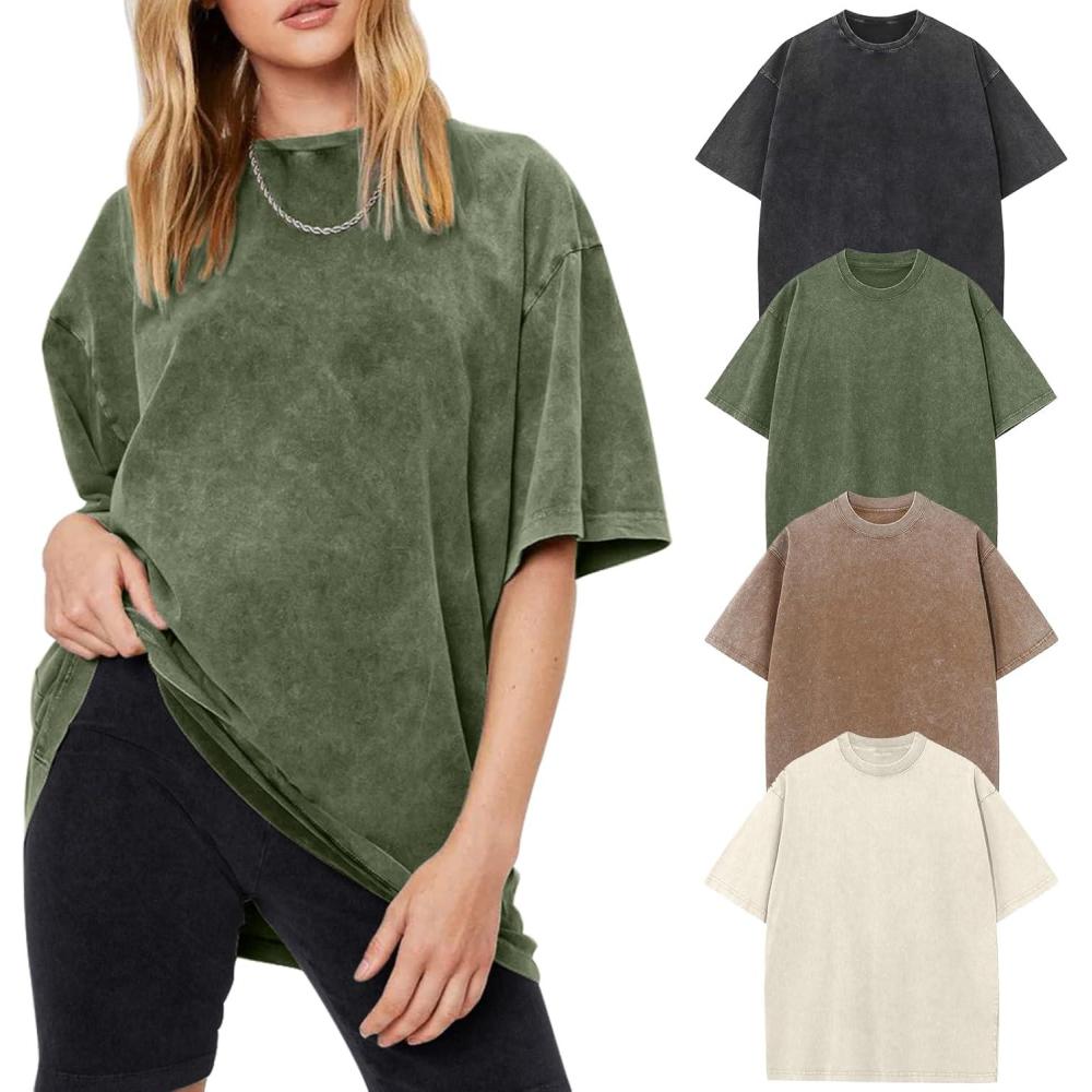 Arssm Women Oversized T Shirts Acid Washed Cotton Tees Vintage Baggy Loose Fit Streetwear Workout Tops(Black+army+khaki+beige)
