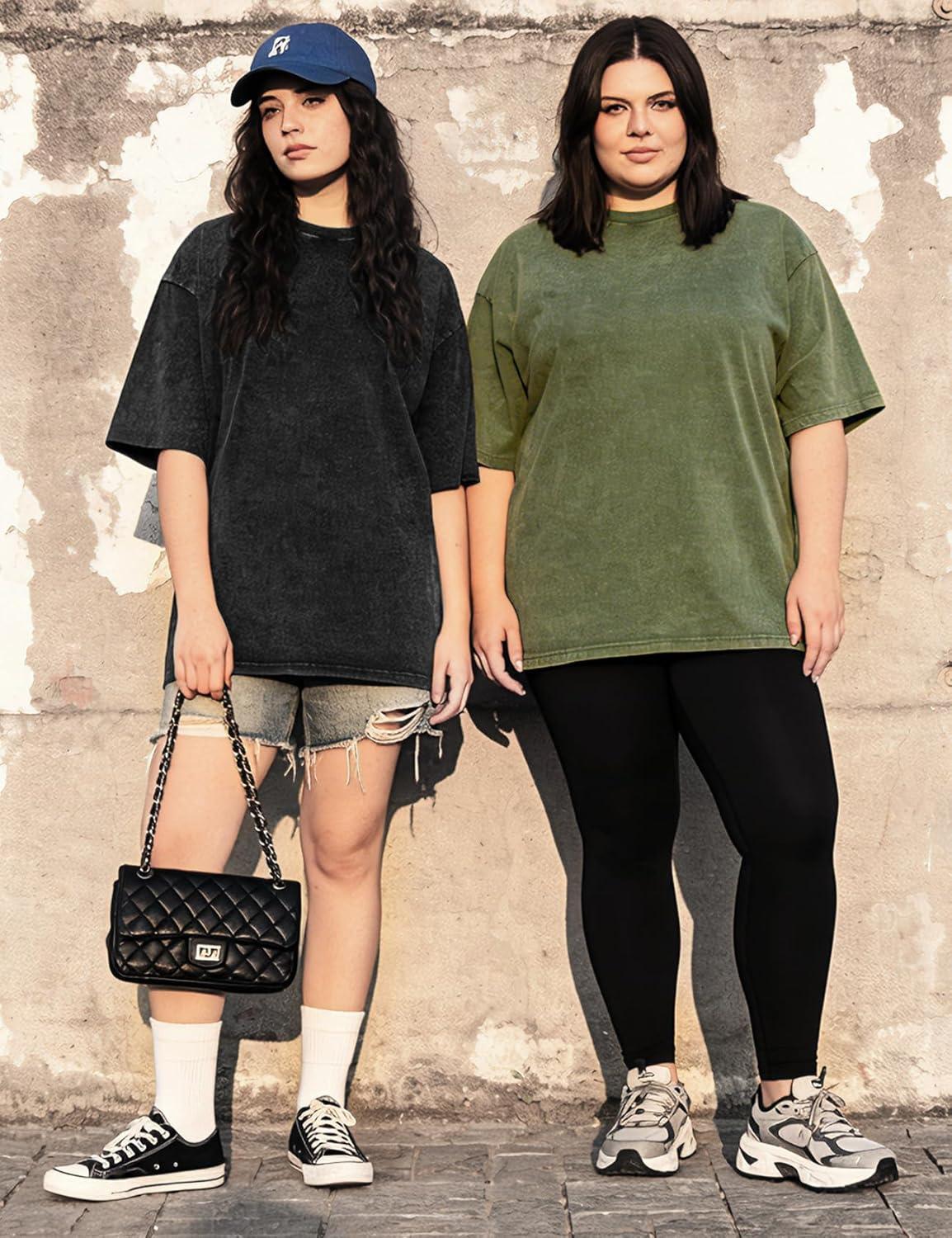 Arssm Women Oversized T Shirts Acid Washed Cotton Tees Vintage Baggy Loose Fit Streetwear Workout Tops(Black+army+khaki+beige)
