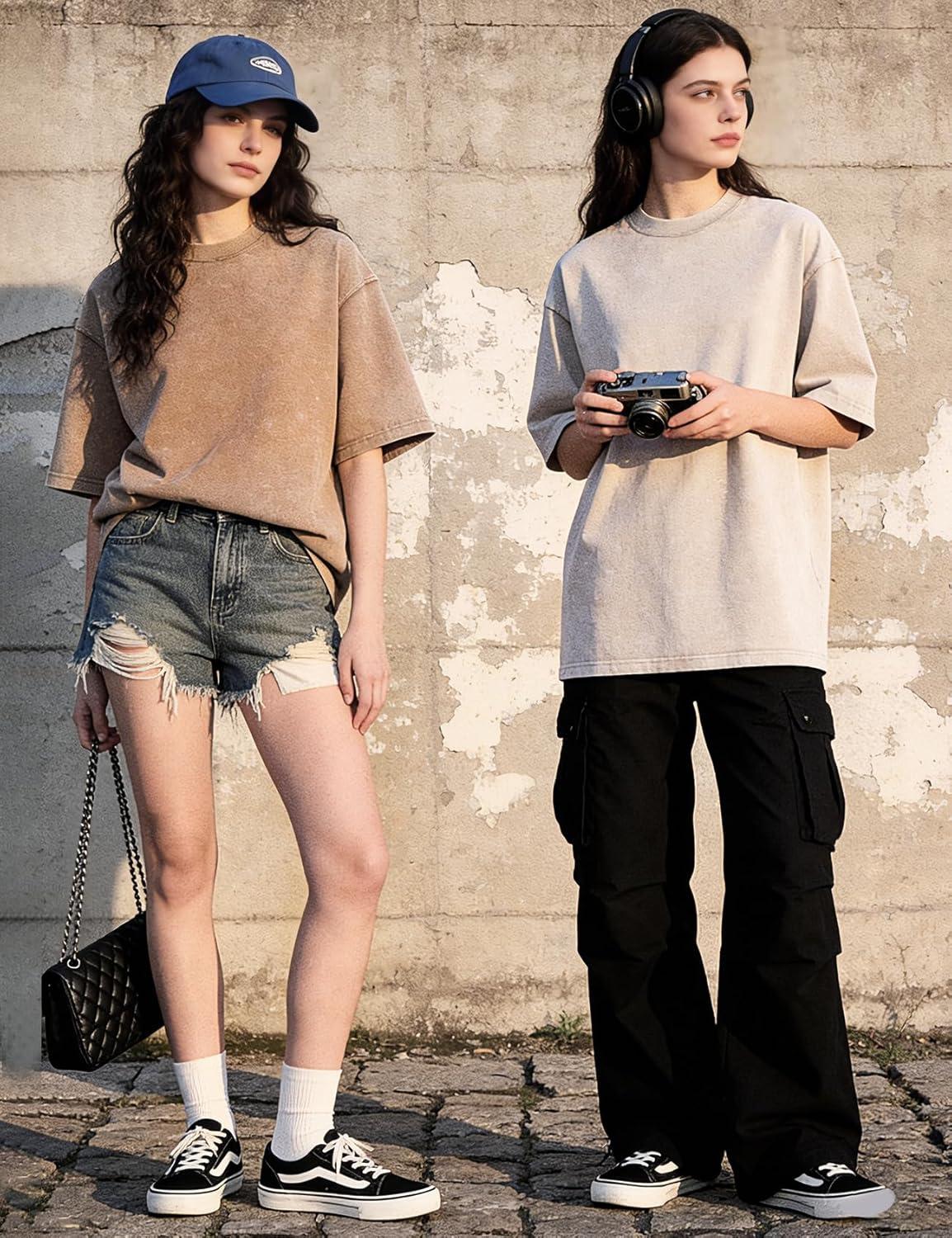 Arssm Women Oversized T Shirts Acid Washed Cotton Tees Vintage Baggy Loose Fit Streetwear Workout Tops(Black+army+khaki+beige)