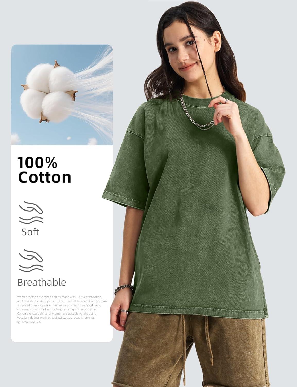 Arssm Women Oversized T Shirts Acid Washed Cotton Tees Vintage Baggy Loose Fit Streetwear Workout Tops(Black+army+khaki+beige)