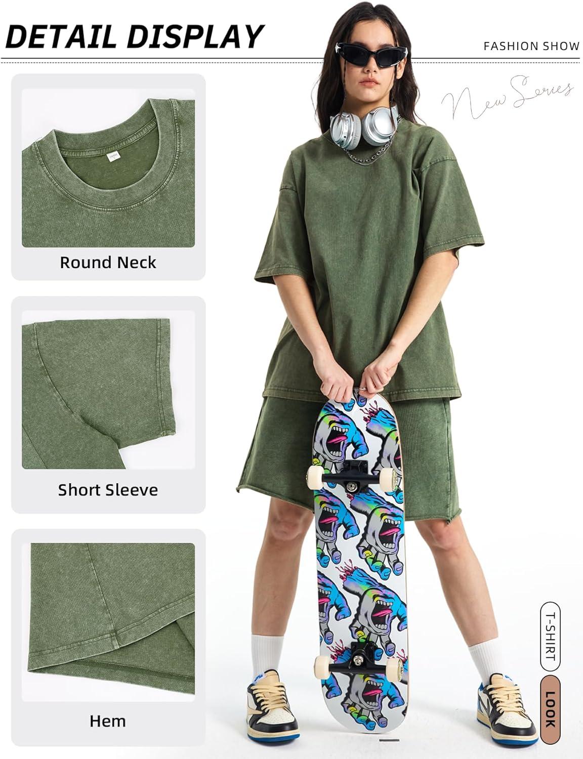 Arssm Women Oversized T Shirts Acid Washed Cotton Tees Vintage Baggy Loose Fit Streetwear Workout Tops(Black+army+khaki+beige)