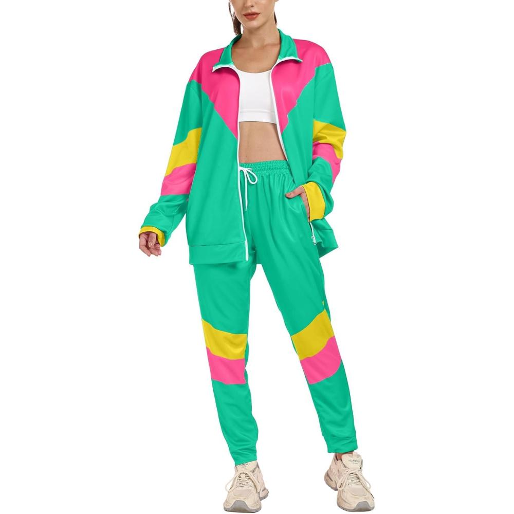 Arssm Retro 80s 90s Outfit Sets for Women Color Block 2 Piece Tracksuit Windbreaker Jacket Set(Lightgreen)