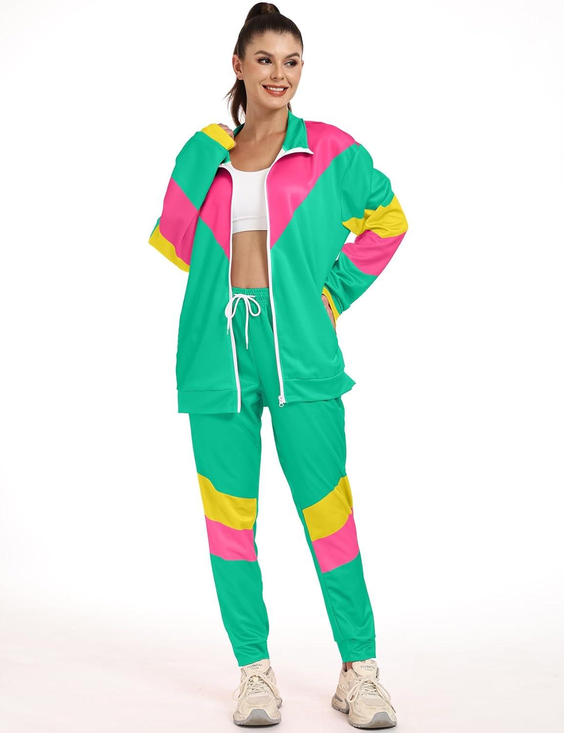 Arssm Retro 80s 90s Outfit Sets for Women Color Block 2 Piece Tracksuit Windbreaker Jacket Set(Lightgreen)