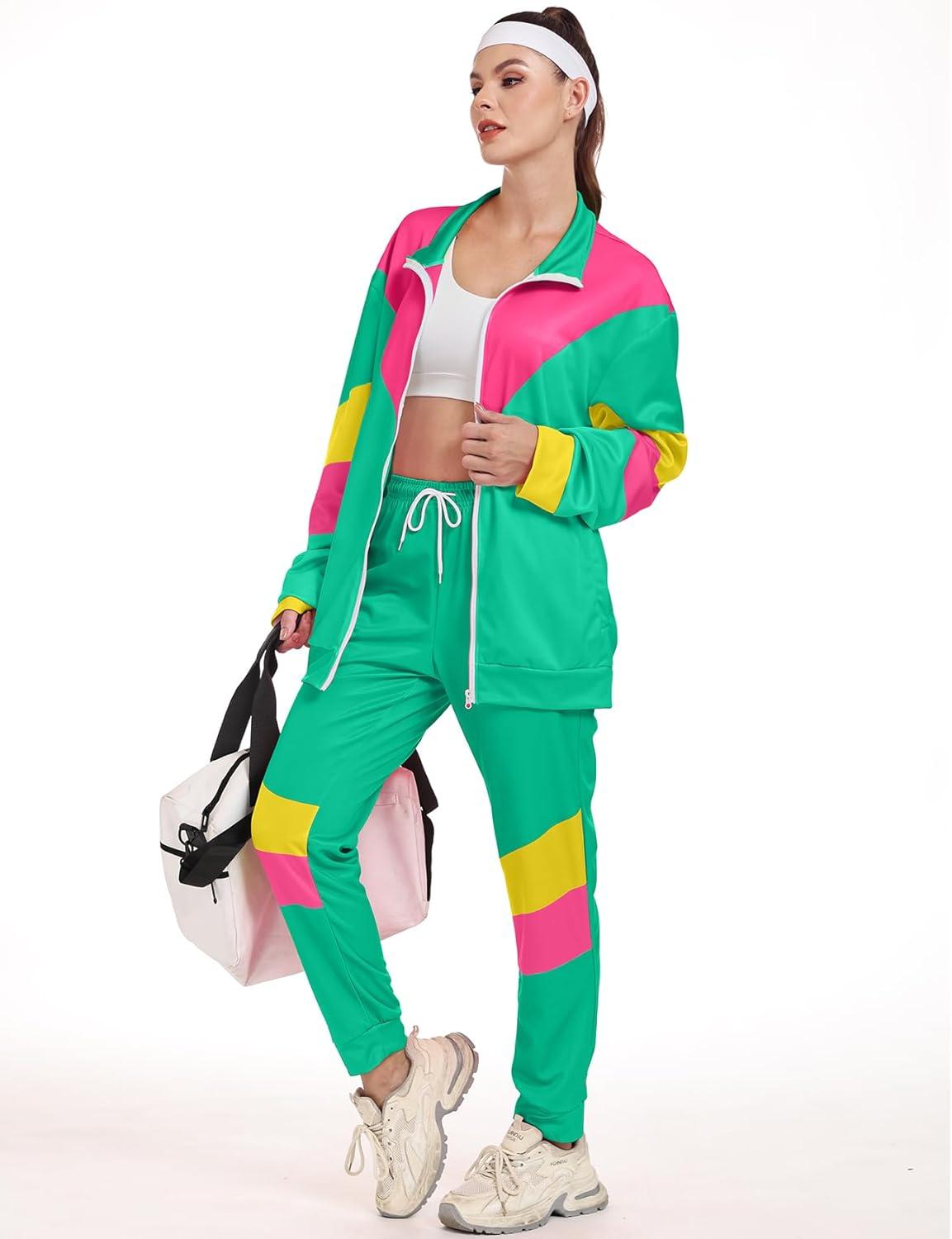 Arssm Retro 80s 90s Outfit Sets for Women Color Block 2 Piece Tracksuit Windbreaker Jacket Set(Lightgreen)