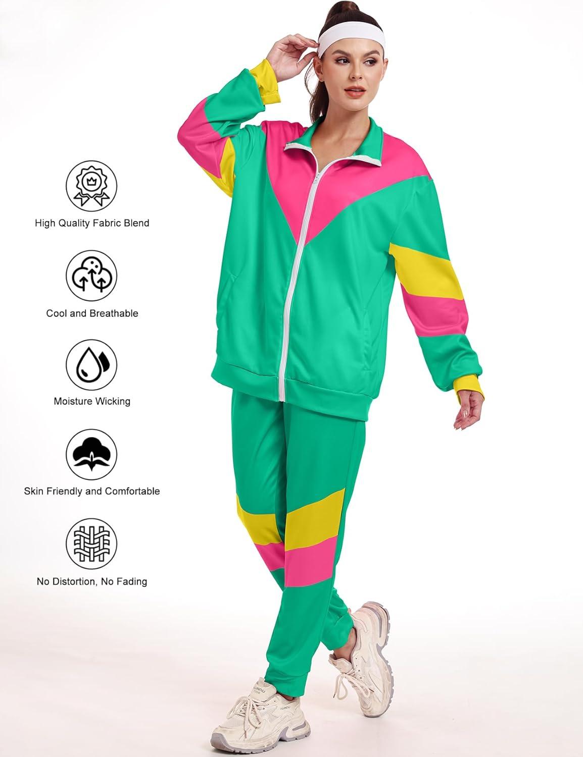 Arssm Retro 80s 90s Outfit Sets for Women Color Block 2 Piece Tracksuit Windbreaker Jacket Set(Lightgreen)