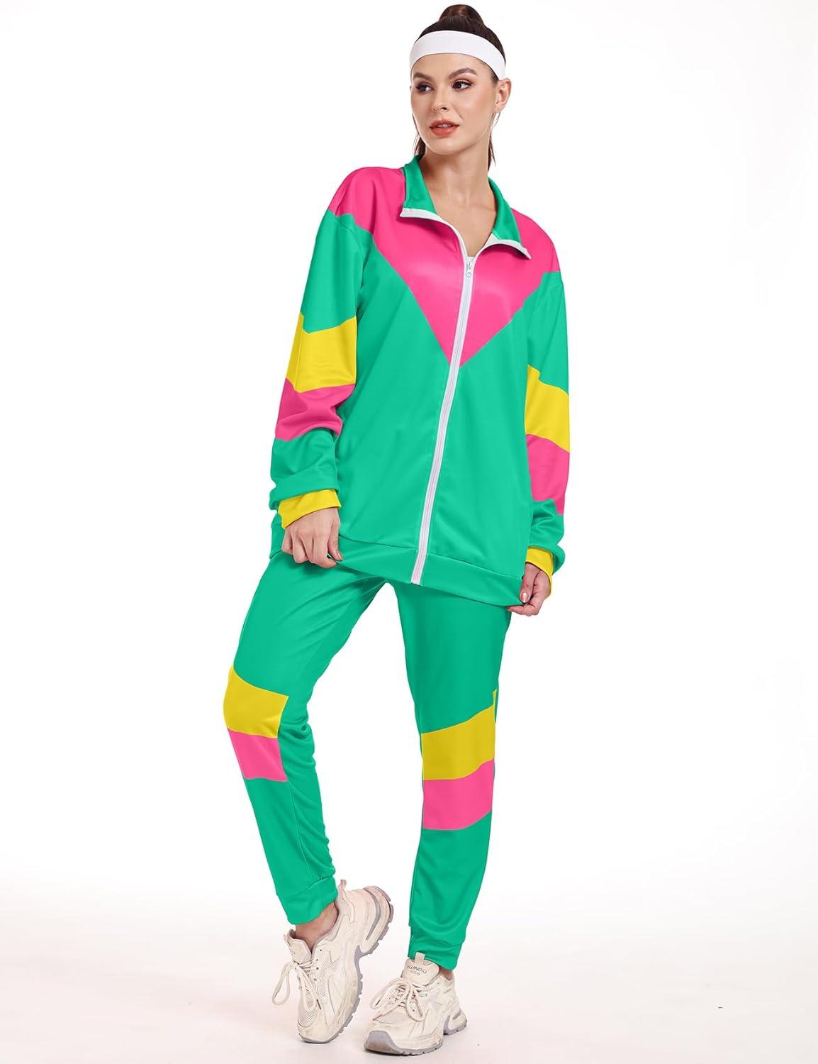 Arssm Retro 80s 90s Outfit Sets for Women Color Block 2 Piece Tracksuit Windbreaker Jacket Set(Lightgreen)