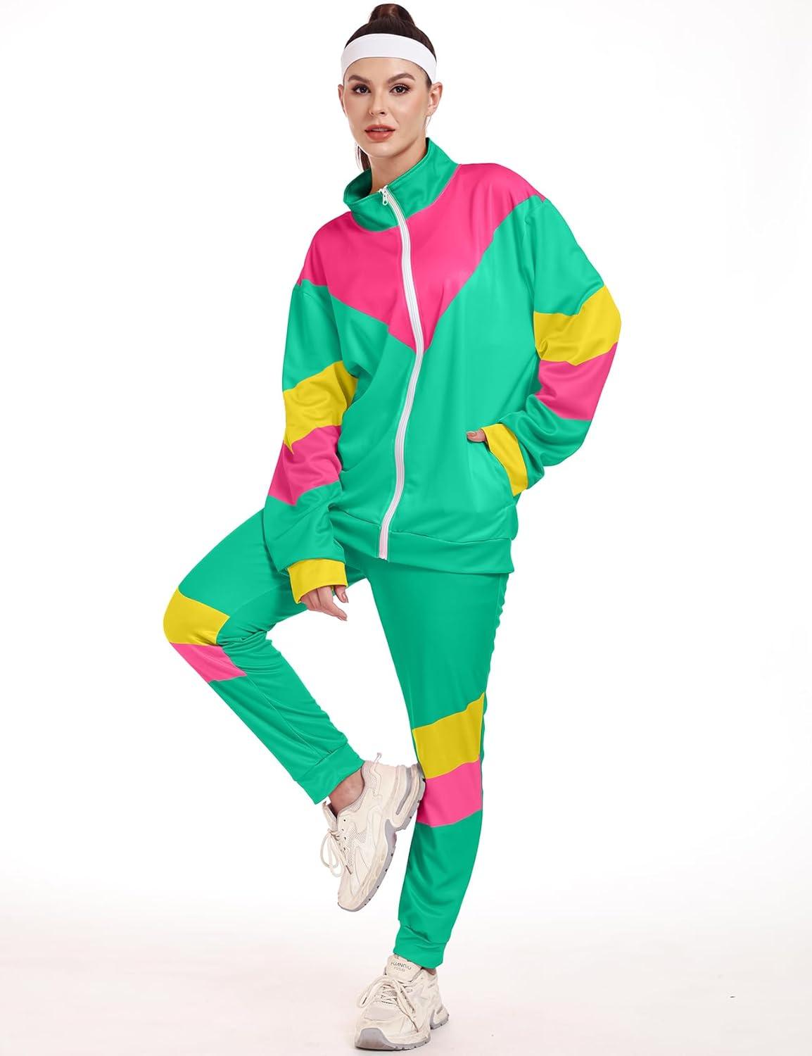 Arssm Retro 80s 90s Outfit Sets for Women Color Block 2 Piece Tracksuit Windbreaker Jacket Set(Lightgreen)