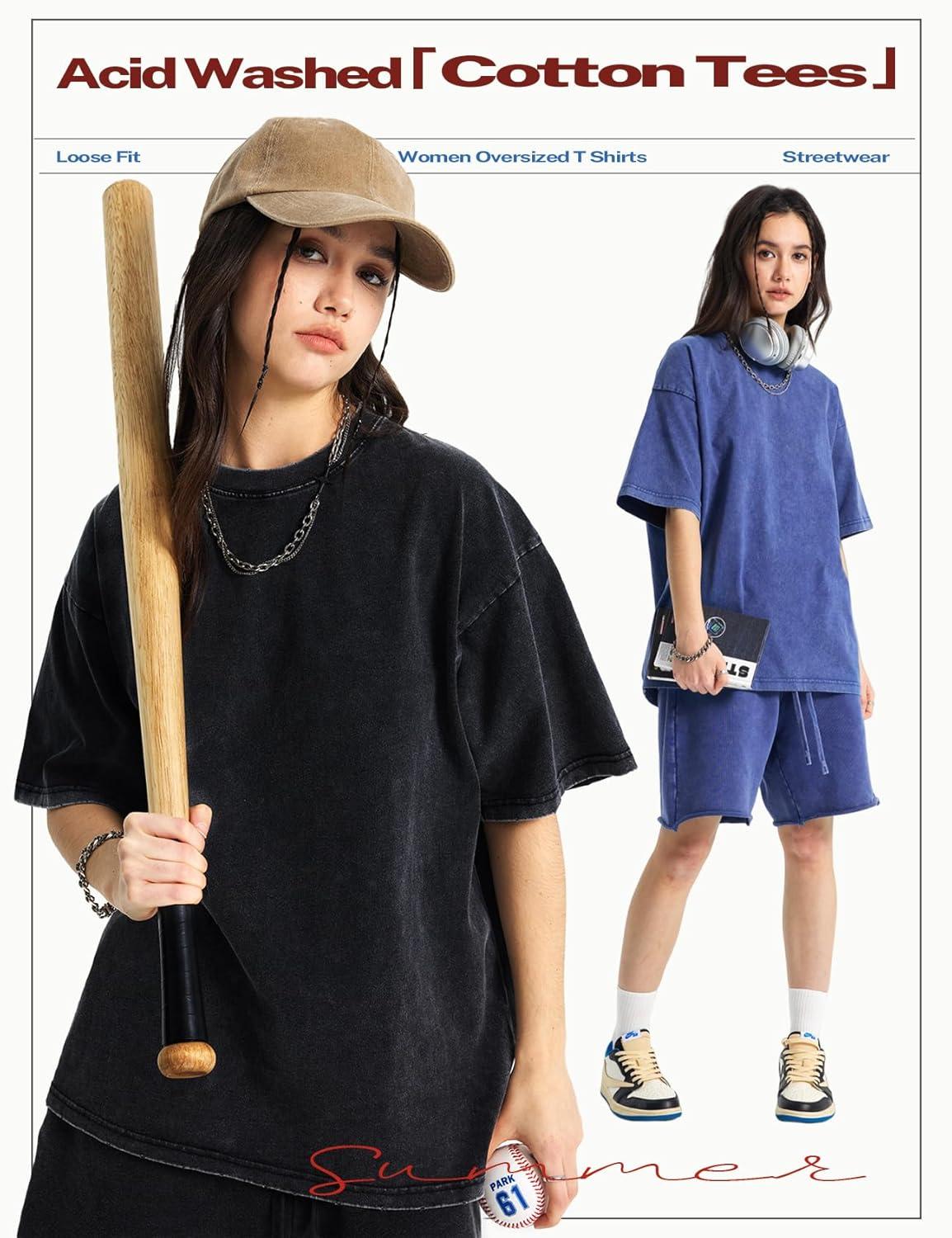Arssm Women’s Oversized T-Shirts Cotton Acid Wash Boyfriend Tee Shirt Loose Fit Vintage T-Shirts(Black+grey+khaki+beige+blue)
