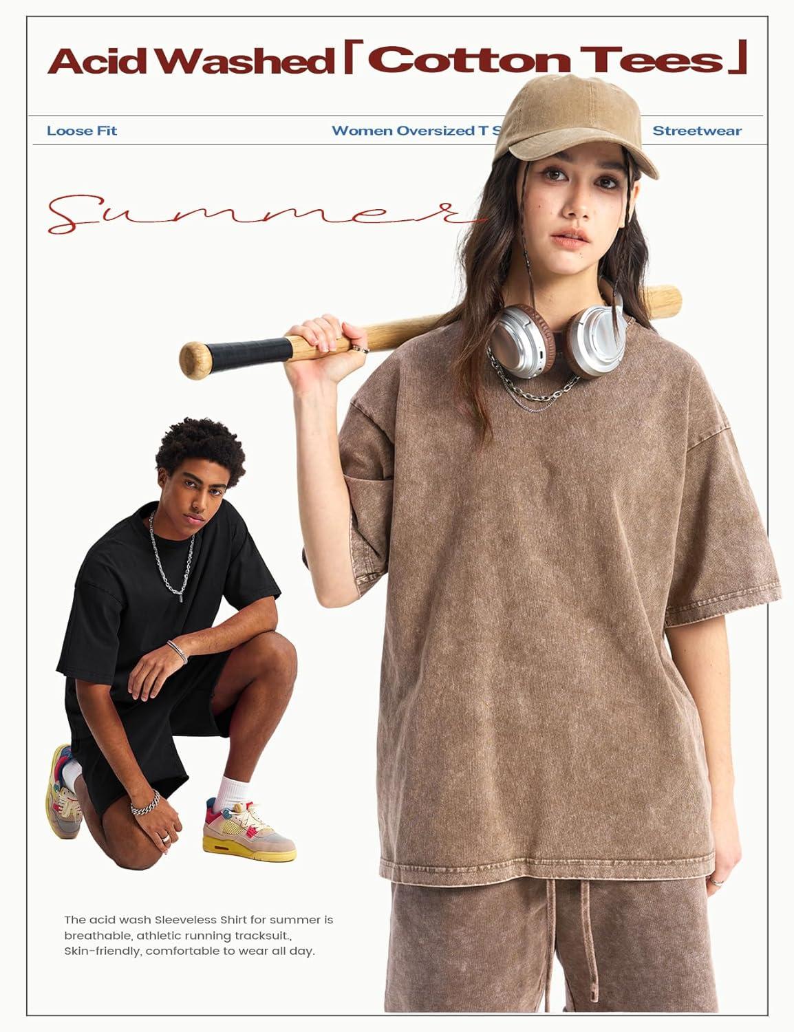 Arssm Women’s Oversized T-Shirts Cotton Acid Wash Boyfriend Tee Shirt Loose Fit Vintage T-Shirts(Black+grey+khaki+beige+blue)