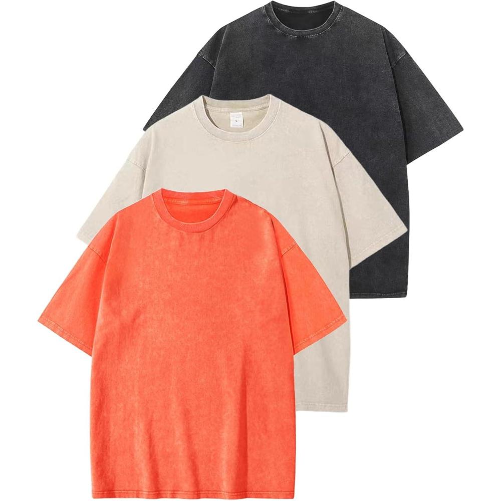 Arssm 3 Pack Men Oversized T Shirts Vintage Tee Loose Fit Short Sleeve Casual Streetwear Baggy Washed Unisex Tops(Black+beige+orange)
