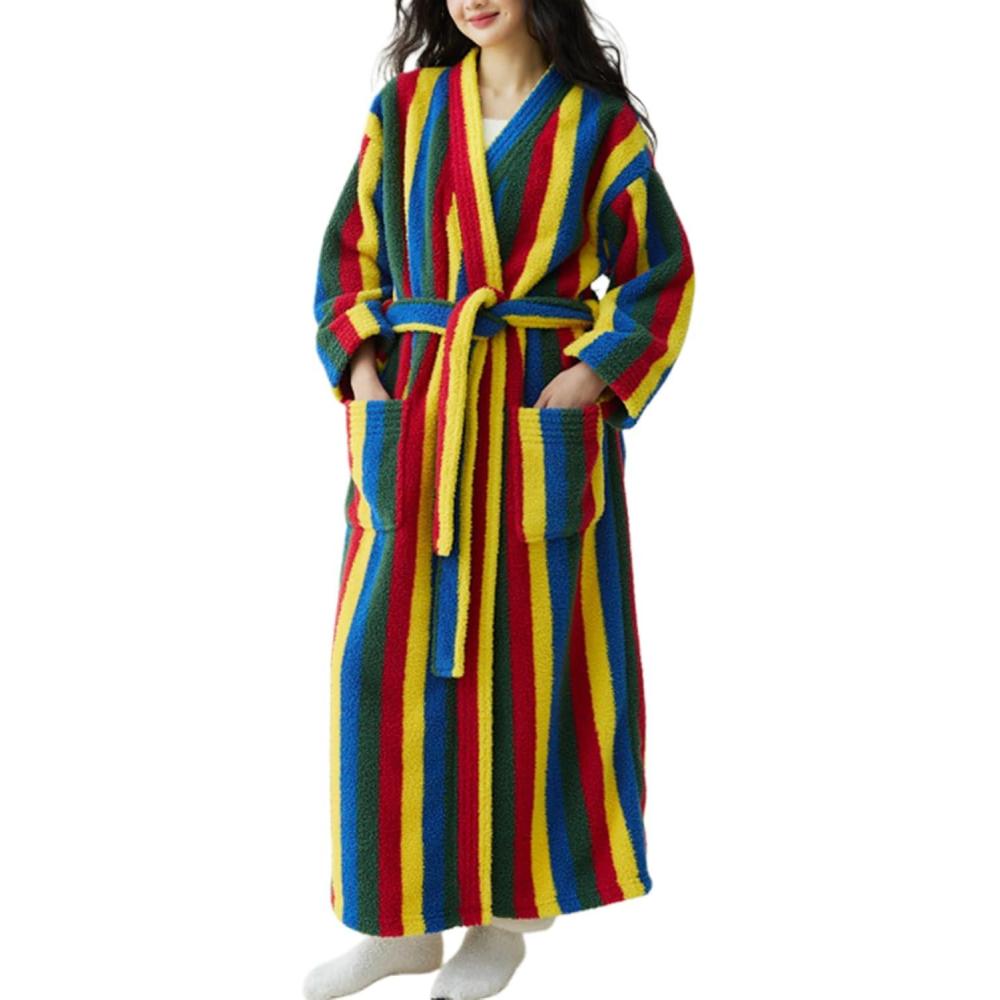 Arssm Womens Striped Fluffy Robe Long Plush Bathrobes Fuzzy Warm Cozy Thick Loungewear Maxi Robe(Rainbow)